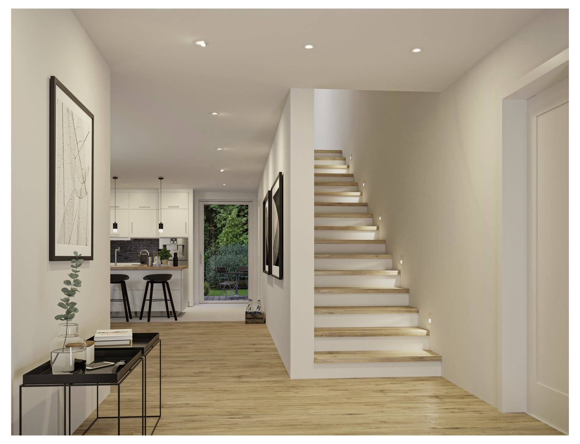 Moderner minimalistischer Flur mit beleuchteter Holztreppe, Küchenbereich im Hintergrund und kleinem Konsolentisch mit Dekoration im Vordergrund.