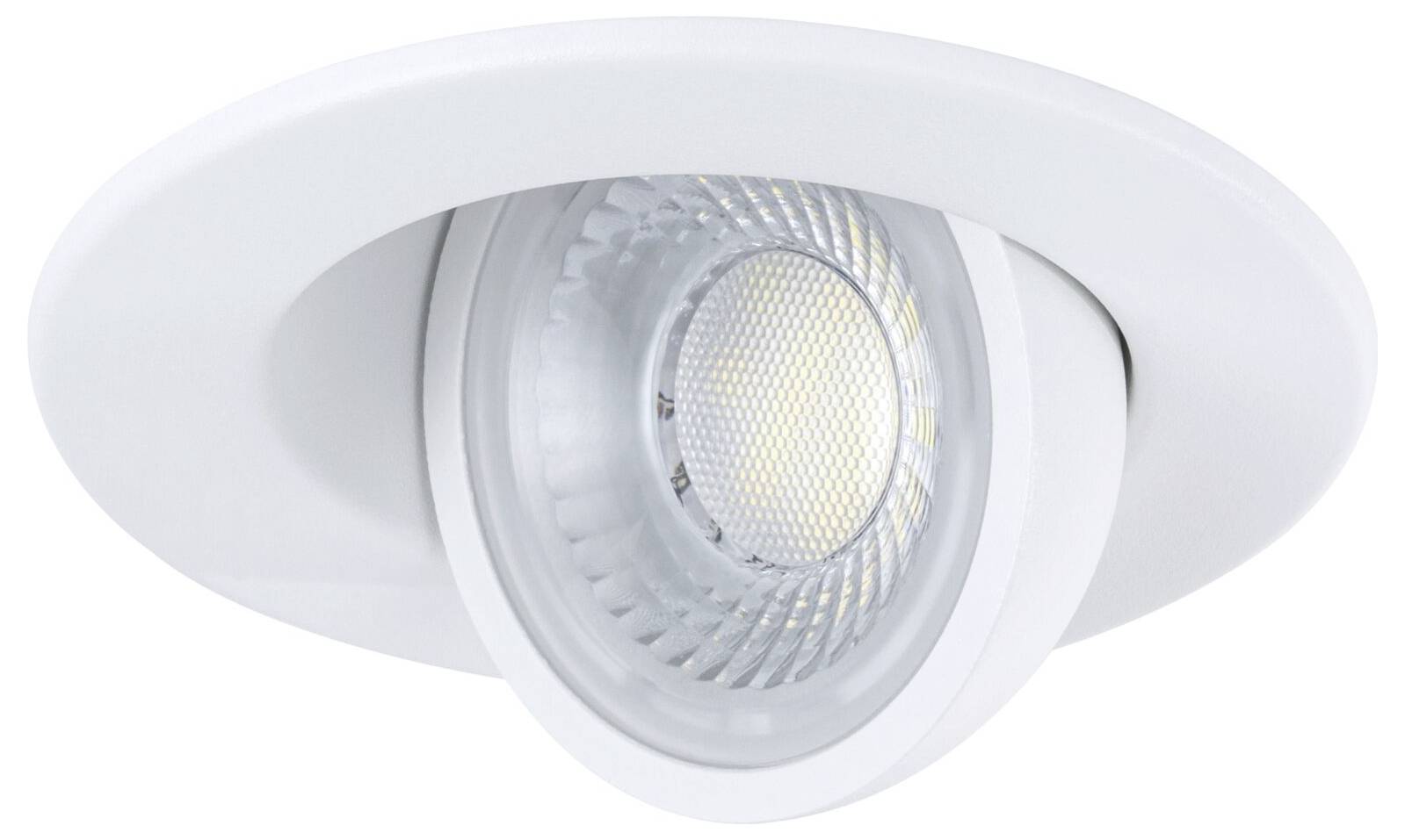 Weiße, bündige Deckenleuchte mit rundem LED-Leuchtmittel und verstellbarem inneren Trimm, dargestellt vor weißem Hintergrund.