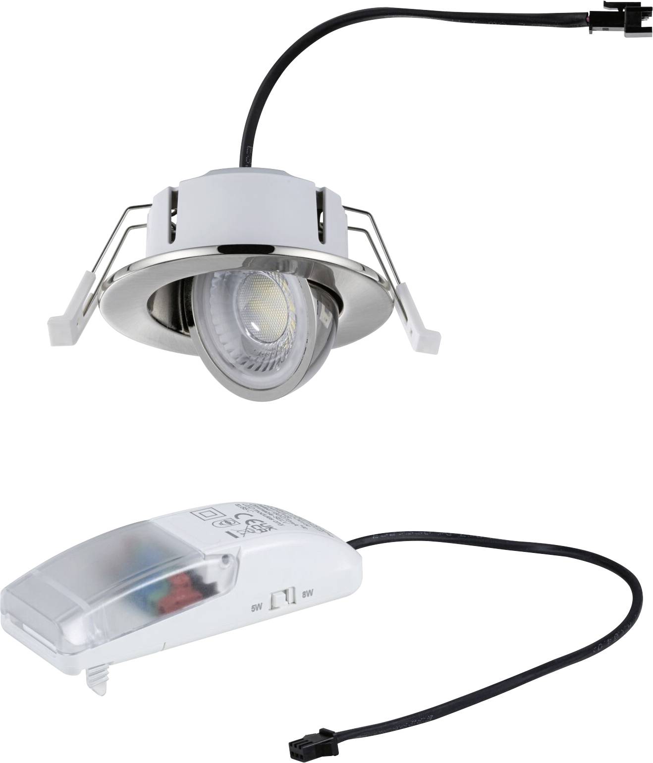 Eingebauter verstellbarer LED-Strahler mit integriertem Treiber und Stromkabel auf weißem Hintergrund.