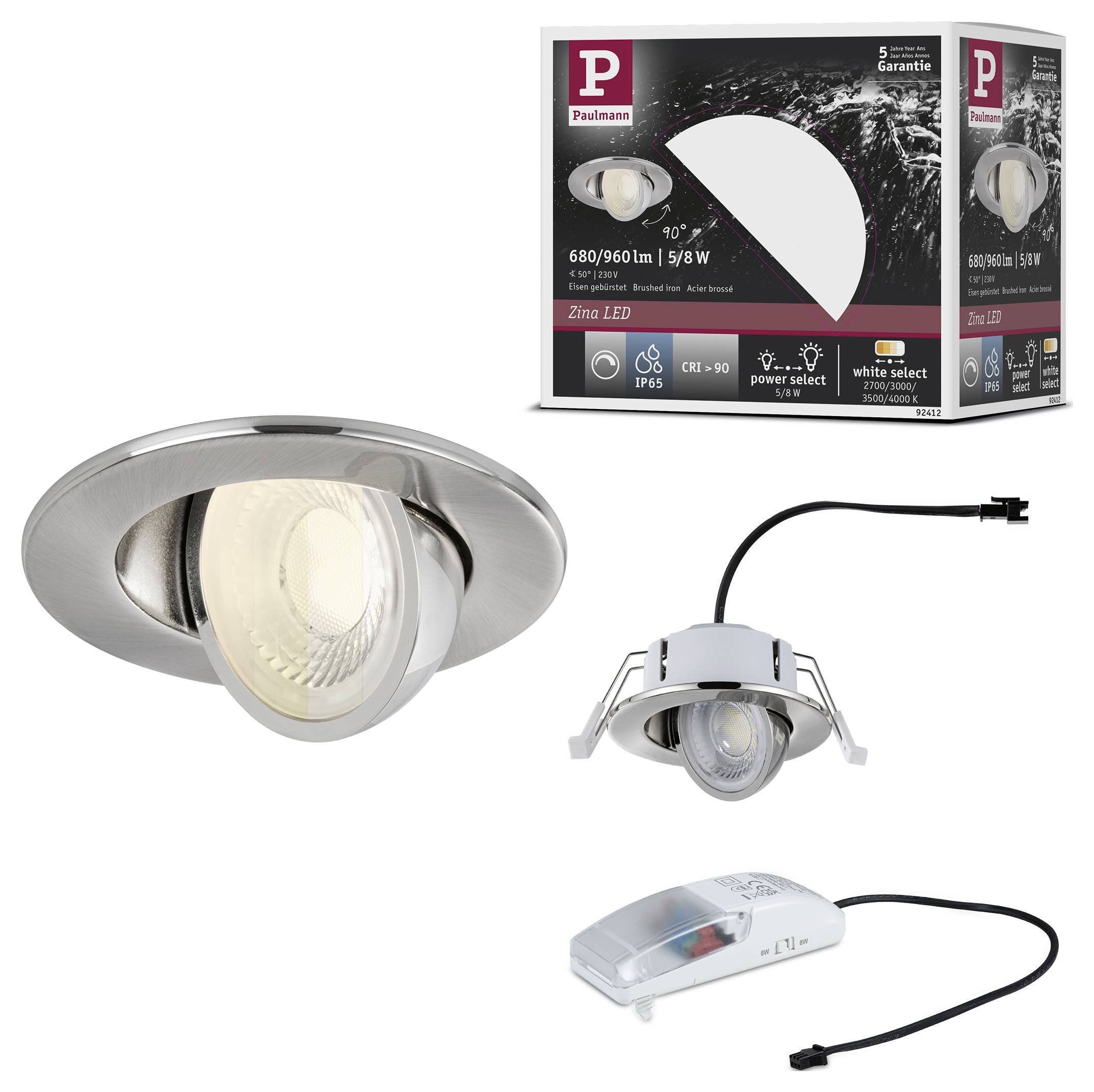 Produktbild zeigt einen Paulmann Zina LED-Einbaustrahler mit Verpackung und drei Ansichten der silbernen Leuchte, einschließlich verkabelter und eingebauter Winkel.