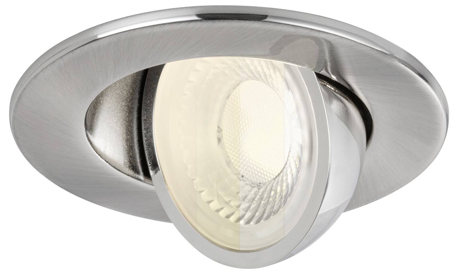 Runde, gebürstete Nickel-Einbauleuchte für die Decke mit einer verstellbaren, sichtbaren Glühbirne in der Mitte.