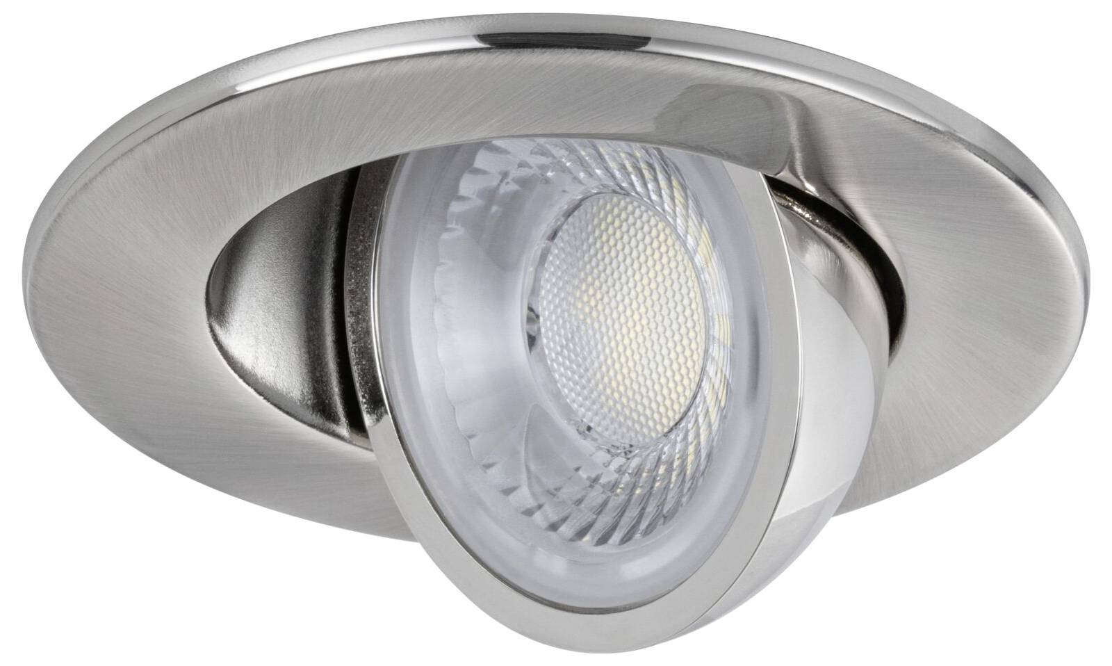Eingebauter LED-Downlight aus gebürstetem Metall mit verstellbarem Spotlight-Objektiv.