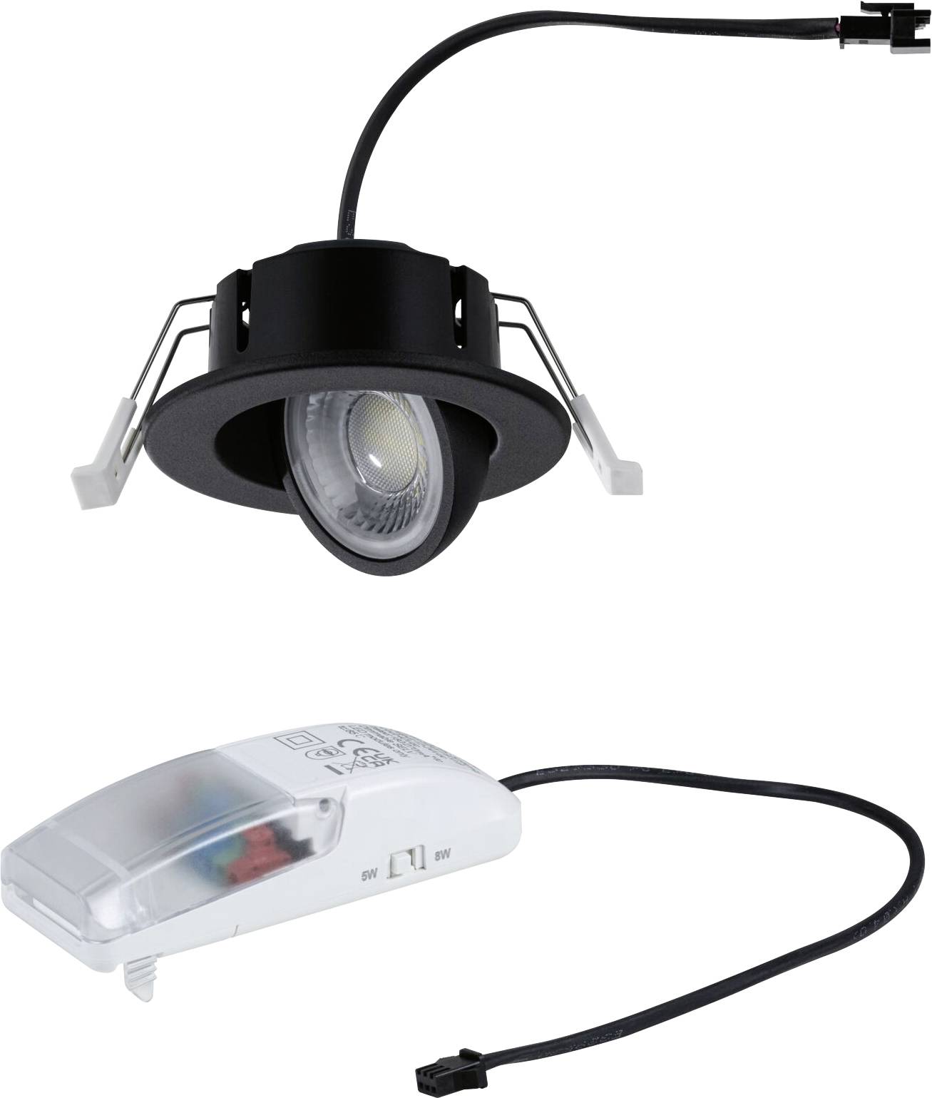 Schwarze versenkte LED-Einbauleuchte mit integriertem Vorschaltgerät und Kabel auf weißem Hintergrund.