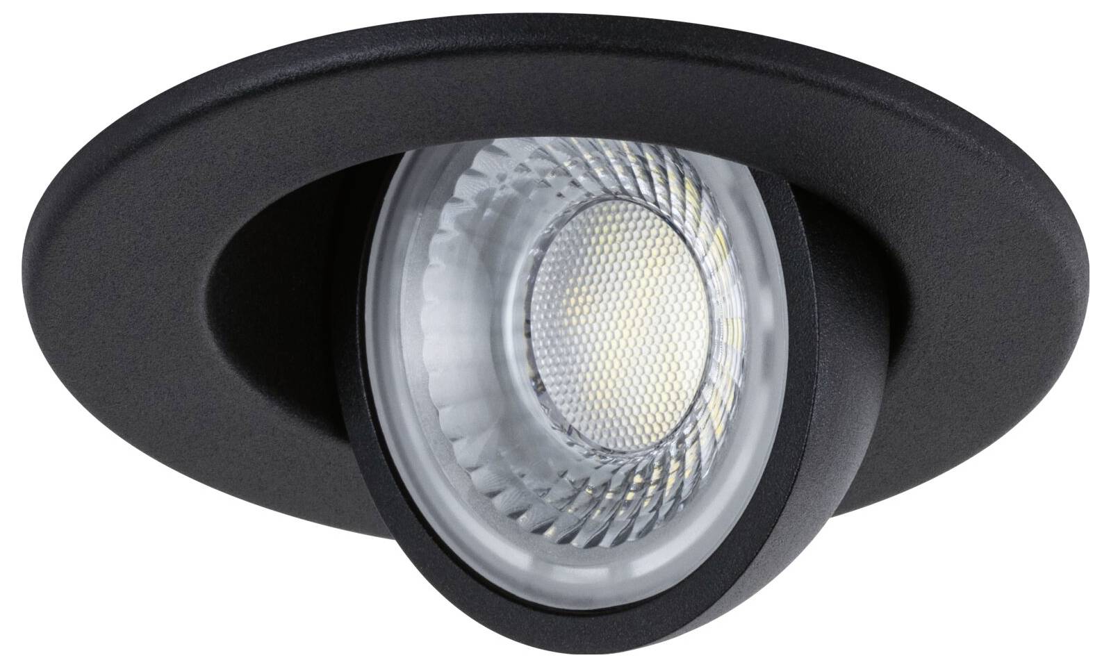 Schwarze, versenkte LED-Einbauleuchte mit gekipptem rundem Leuchtkörper, dargestellt vor weißem Hintergrund.