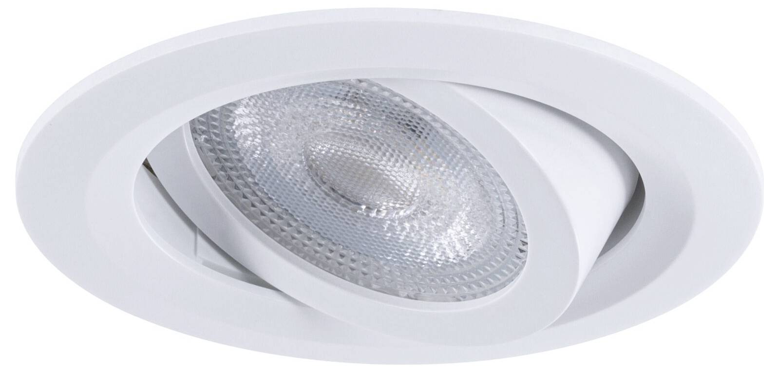 Eingebauter Deckenspot mit weißem verstellbarem Trimring und kreisförmigem Lampenkopf.