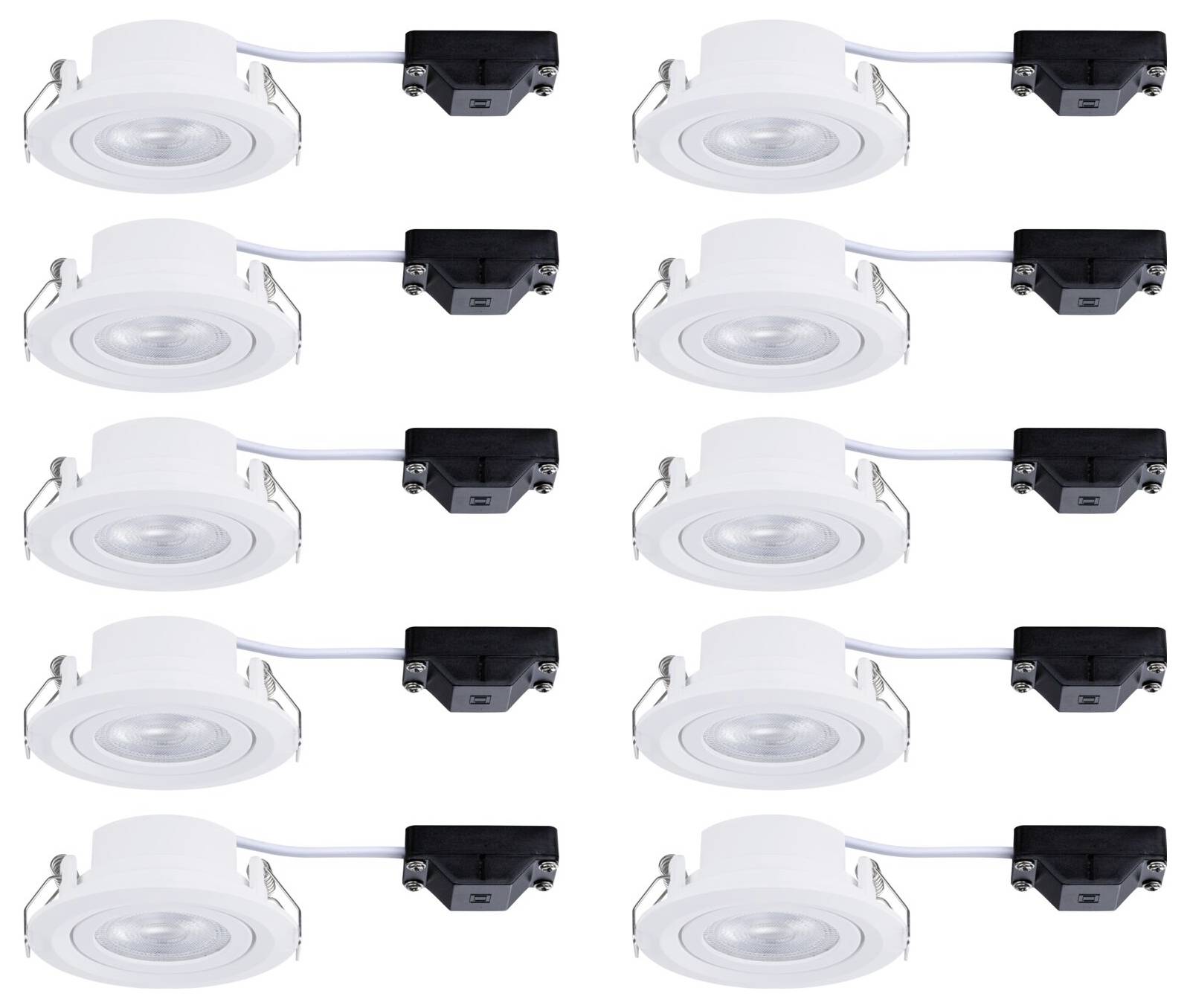 Zwei Reihen von weißen LED-Einbauleuchten, jede mit einem separaten schwarzen Treibergehäuse, das durch ein kurzes Kabel verbunden ist.