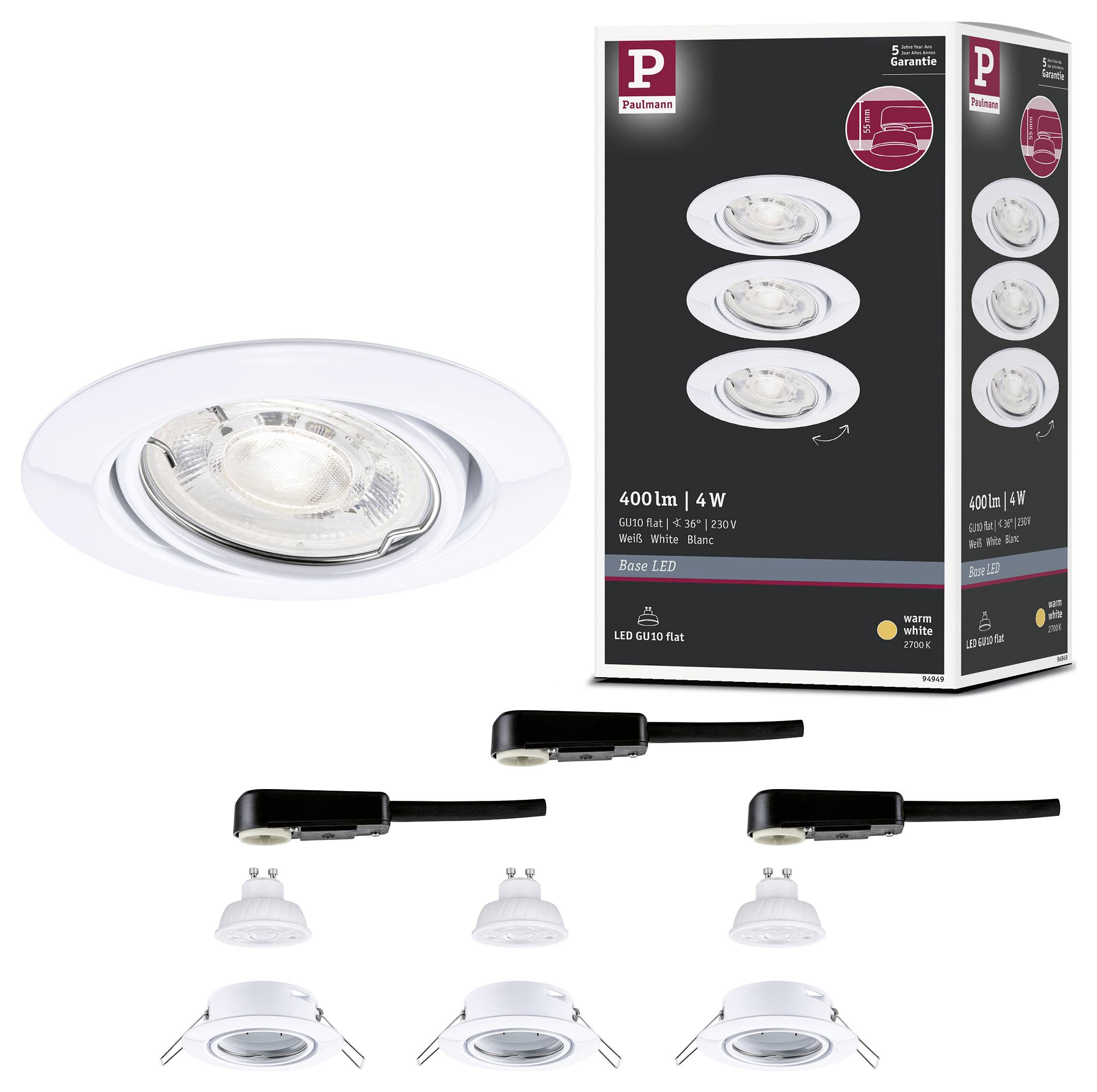 Produktbild einer weißen, eingebauten LED-Einbauleuchte und ihrer Verpackung, die das Licht in Gebrauch und Installationskomponenten zeigt.