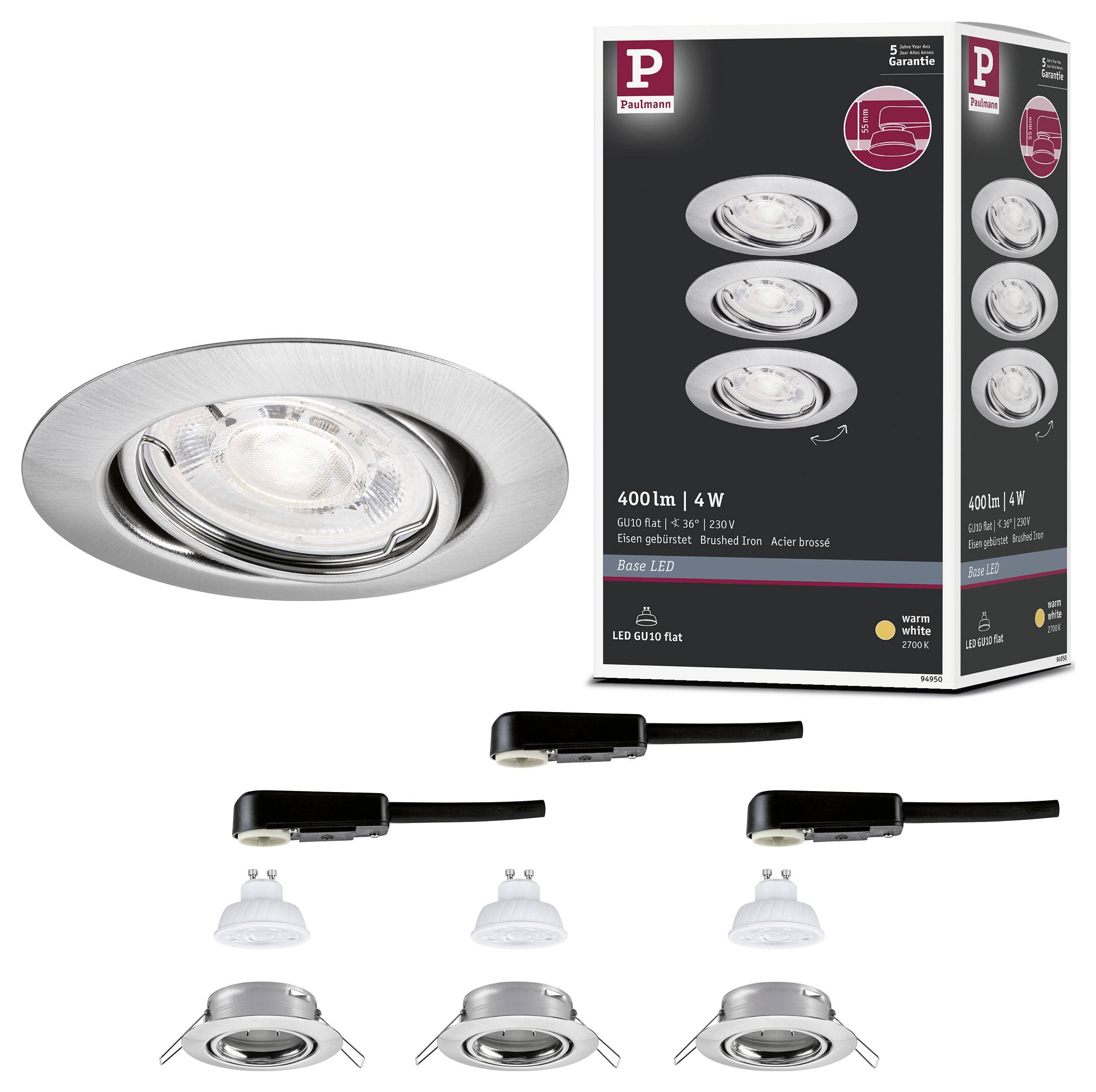 Produktbild eines LED-Einbaustrahlers aus gebürstetem Chrom mit Verpackung und Installationsschritten, das ein 400 lm, 4 W GU10 Flat-Downlight zeigt.