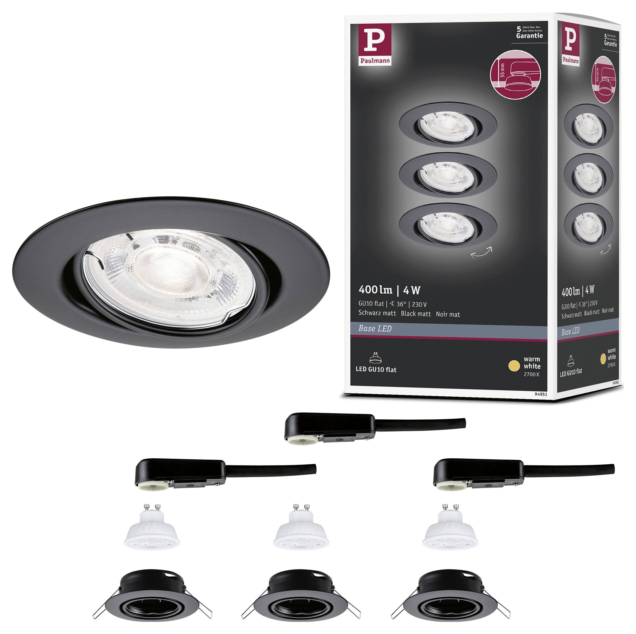 Produktbild eines schwarzen, eingelassenen LED-Einbauleuchten-Sets mit drei verstellbaren Spotlight-Köpfen und Verpackung mit der Beschriftung 