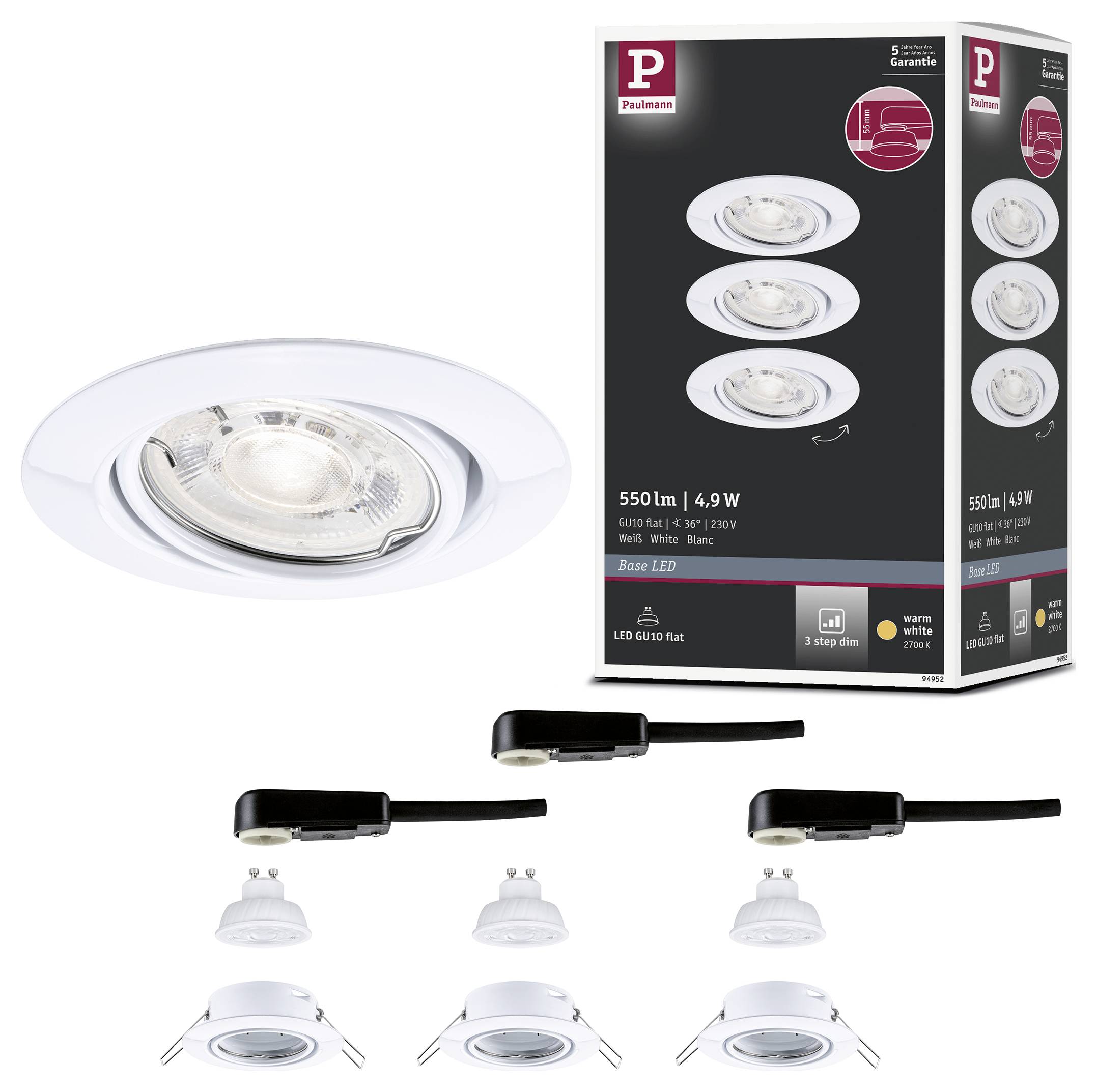 Packung mit drei weißen LED-Einbaudeckenspotlights mit schwarzen Transformatorboxen und Produktverpackung für 4,9W, 550lm Leuchten.