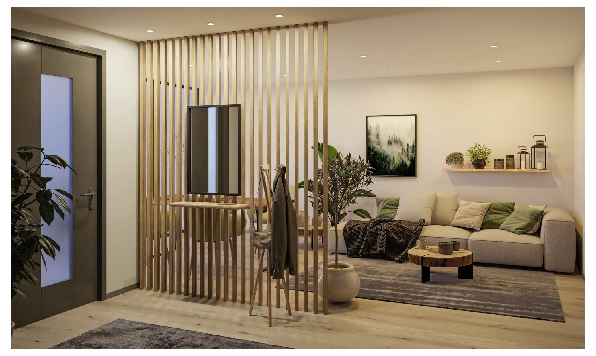 Modernes Wohnzimmer mit beigem Sofa, rundem Couchtisch, Pflanzen und einem Holzlattenteiler mit Spiegel und Garderobe in der Nähe des Eingangsbereichs.