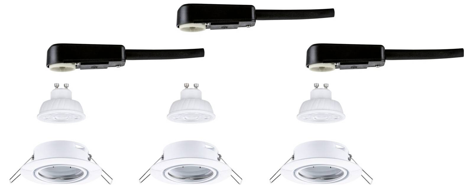 Drei schwarze versenkte Leuchten in verschiedenen Stufen dargestellt, mit passenden weißen Zierringen und Fassungen, die eine Downlight-Baugruppe oder Installationsteile veranschaulichen.
