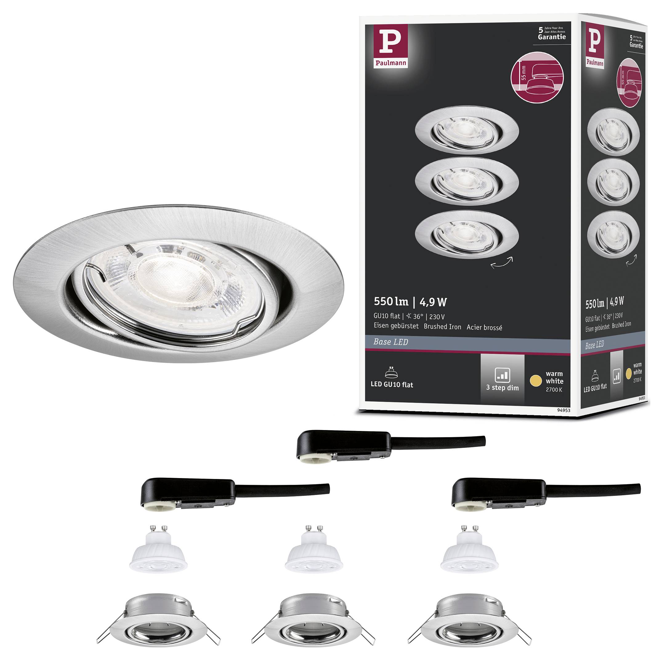 Bild eines versenkten LED-Einbauleuchten-Sets mit drei schwarzen Lampeneinheiten, drei weißen Steckverbindern, einem silbernen Spot und einer Produktverpackung mit der Bezeichnung „550 lm | 4,9 W