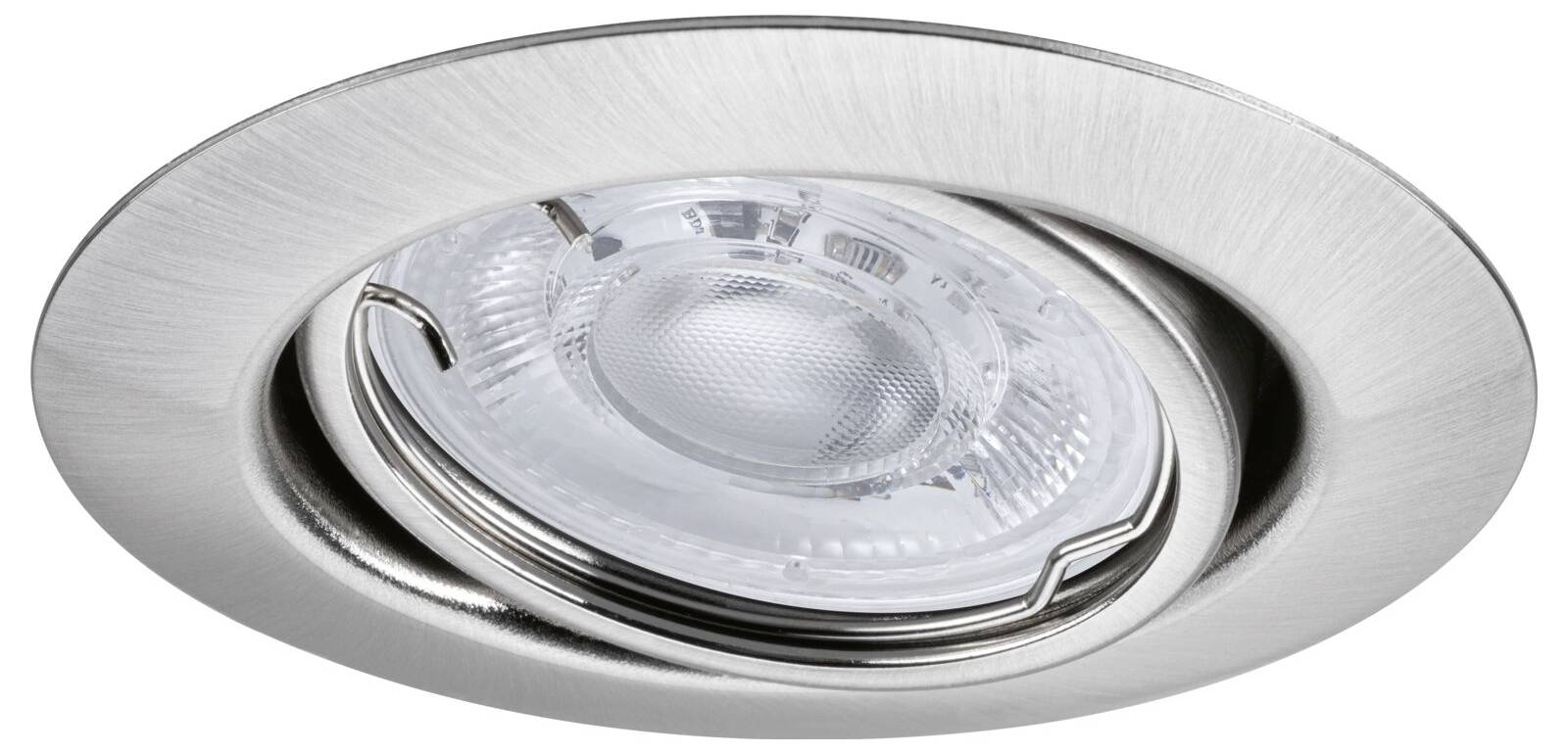 Einbau-Deckenspots aus gebürstetem Metall mit klarem Glaseinsatz und verstellbarem Innenring.