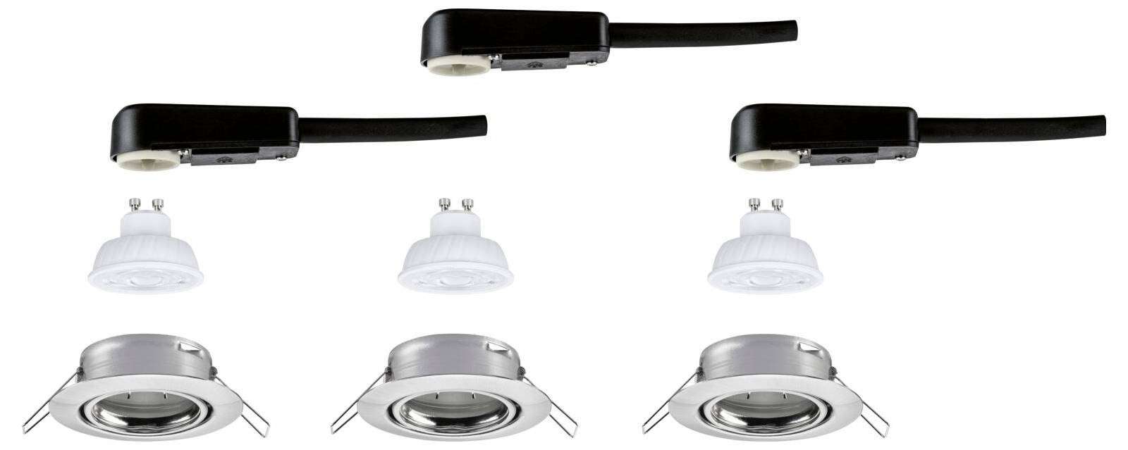 Drei eingebaute Deckenleuchten, die in drei Installationsphasen gezeigt werden, mit schwarzen Zierteilen, weißen Gehäusen und silbernen Downlight-Zierleisten.