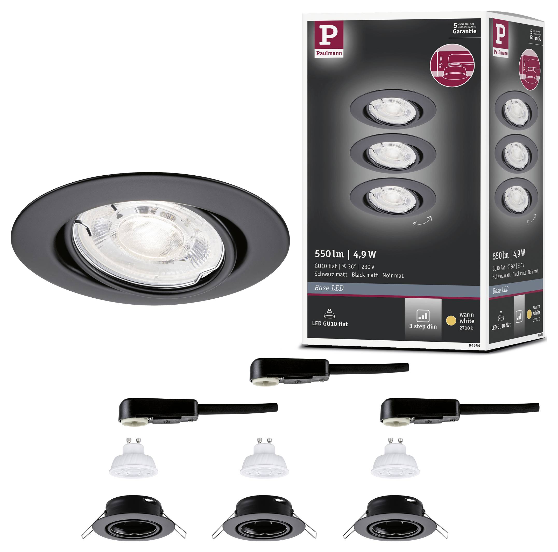 Produktabbildung von schwarzen, eingebauten LED-Downlights, in Nahaufnahme gezeigt mit Verpackung und mehreren Leuchtenansichten, gekennzeichnet mit 550 lm, 4,9 W und warmweiß.