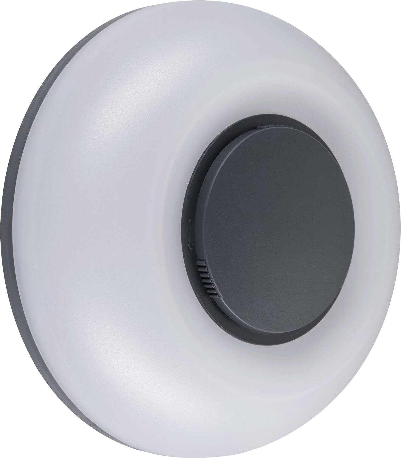 Runde, weiße wandmontierte Leuchte mit dunklem zentralem Bedien- oder Sensorpanel