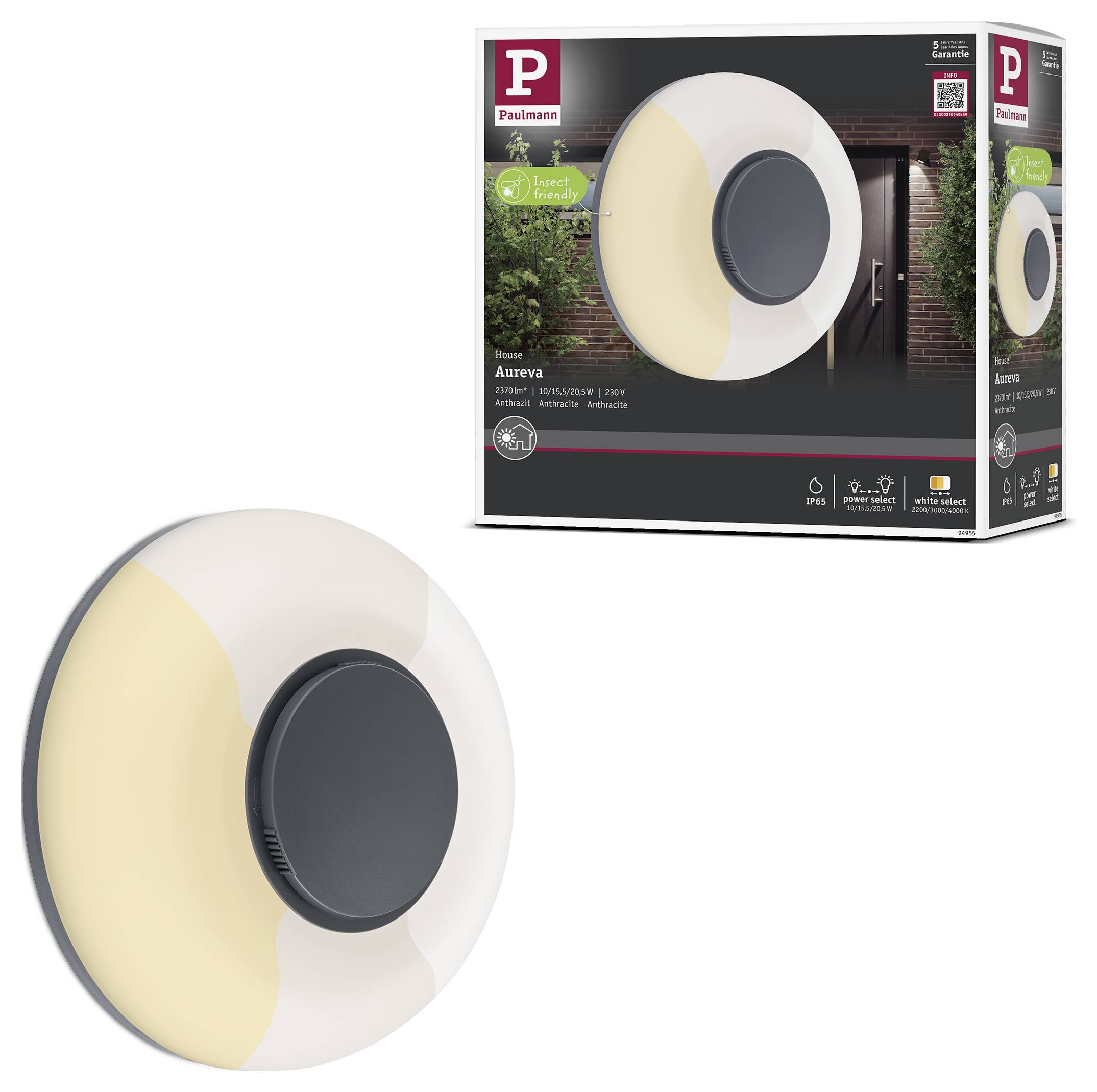 Produktbild einer runden Paulmann Aurrera Wandleuchte in Weiß und Beige, abgebildet mit ihrer Verpackungsbox.