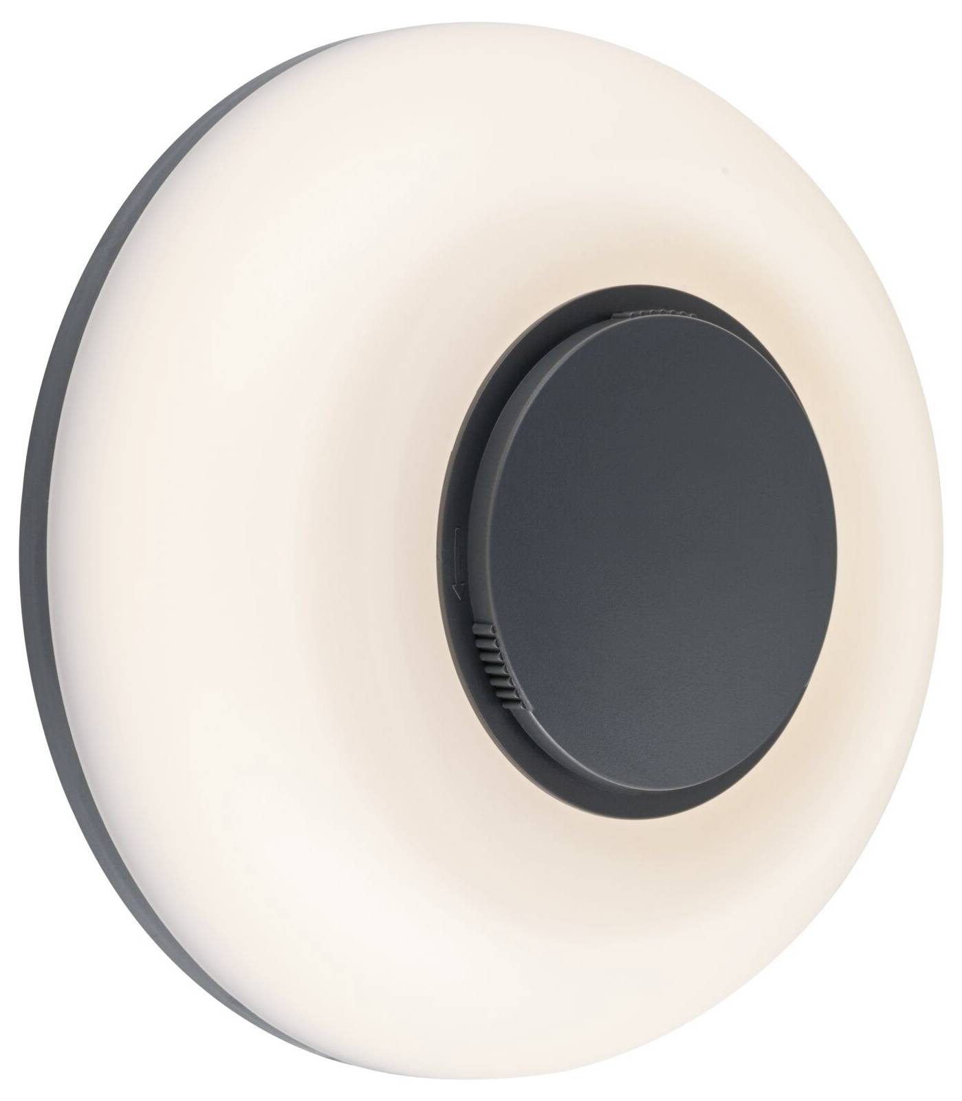 Rundes Wandlicht mit mattweißem Diffusor und dunklem kreisförmigem Mittelteil, das sanft auf einem einfachen Hintergrund leuchtet.
