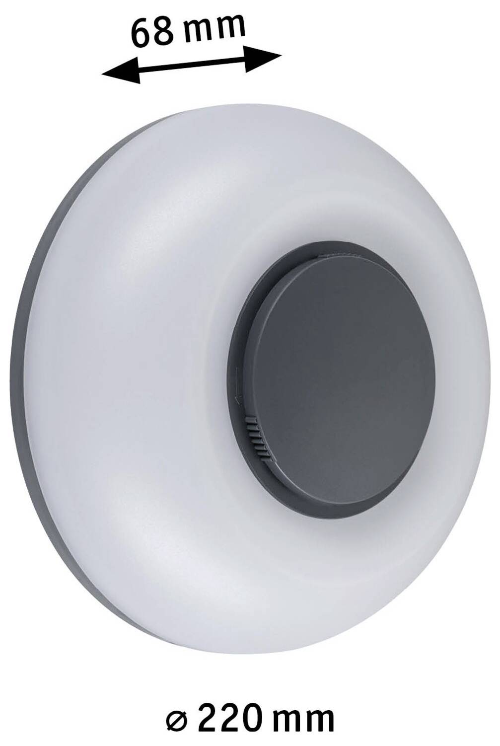 Rundes silbernes, wandmontiertes Knopf- oder Abdeckungselement mit schwarzem Mittelpunkt; gekennzeichnet mit 68 mm Durchmesser und 220 mm Gesamtdurchmesser.