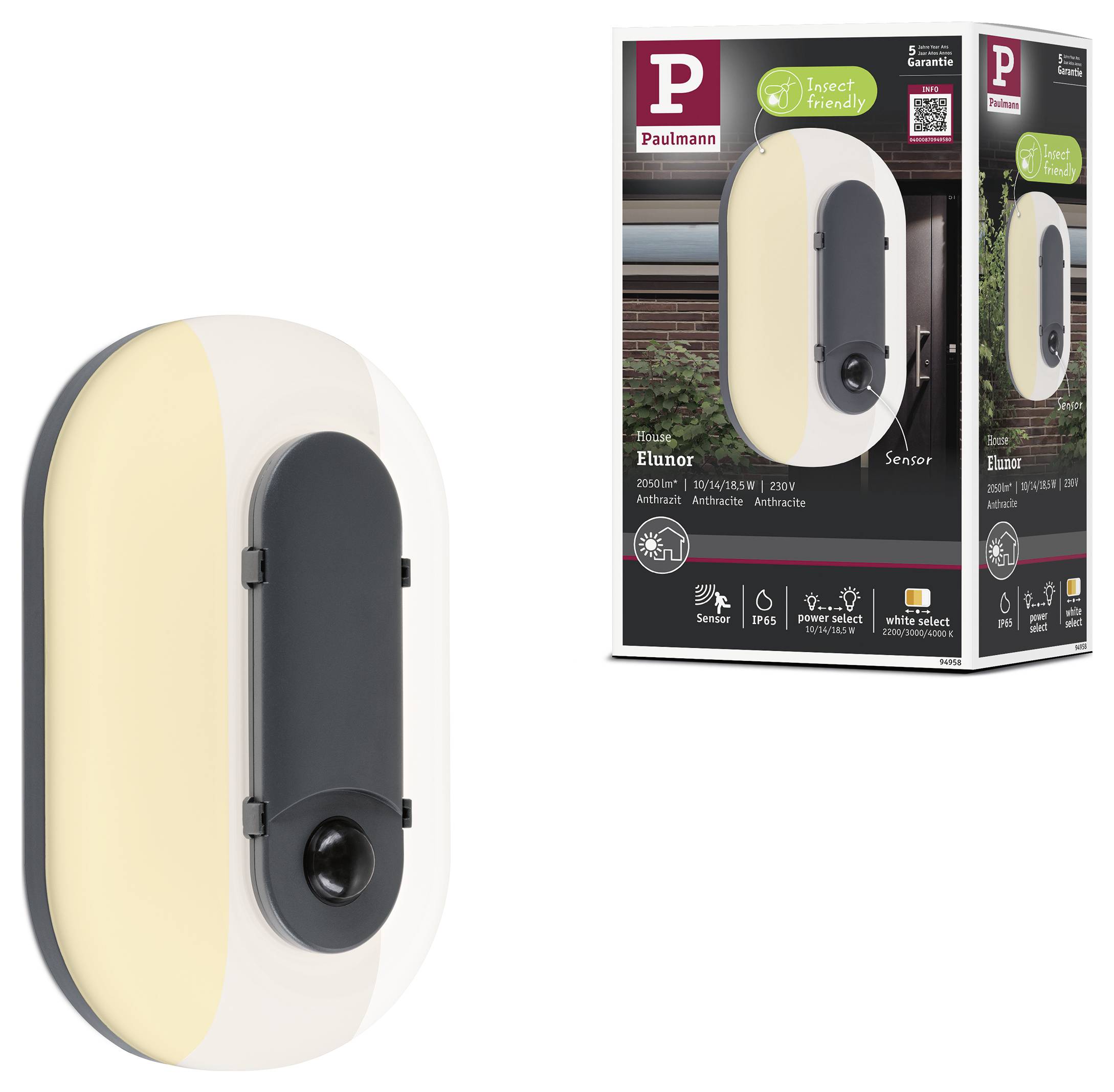 Produktbild einer Paulmann Elunor Sensor-Wandleuchte: ovale schwarz-weiße Außenlampe neben ihrer Einzelhandelsverpackung, mit Bewegungsmelder und insektenfreundlichem Etikett.