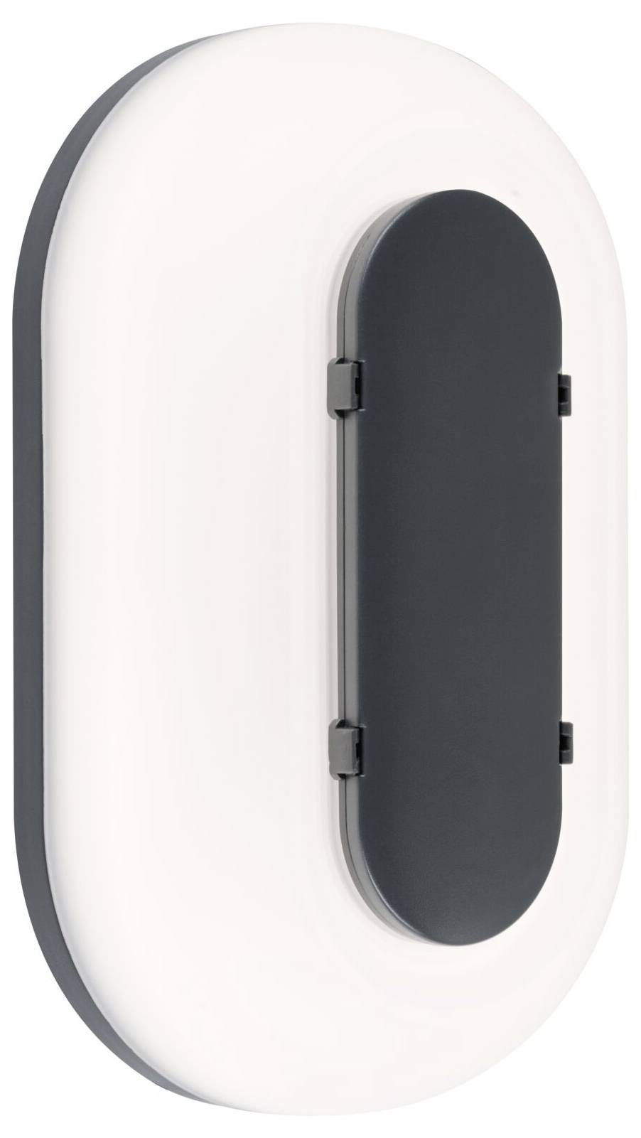 Ovale Wandleuchte mit weißem Außengehäuse und dunklem vertikalen Mittelpaneel, in einer produktstilisierten Ansicht auf neutralem Hintergrund dargestellt.