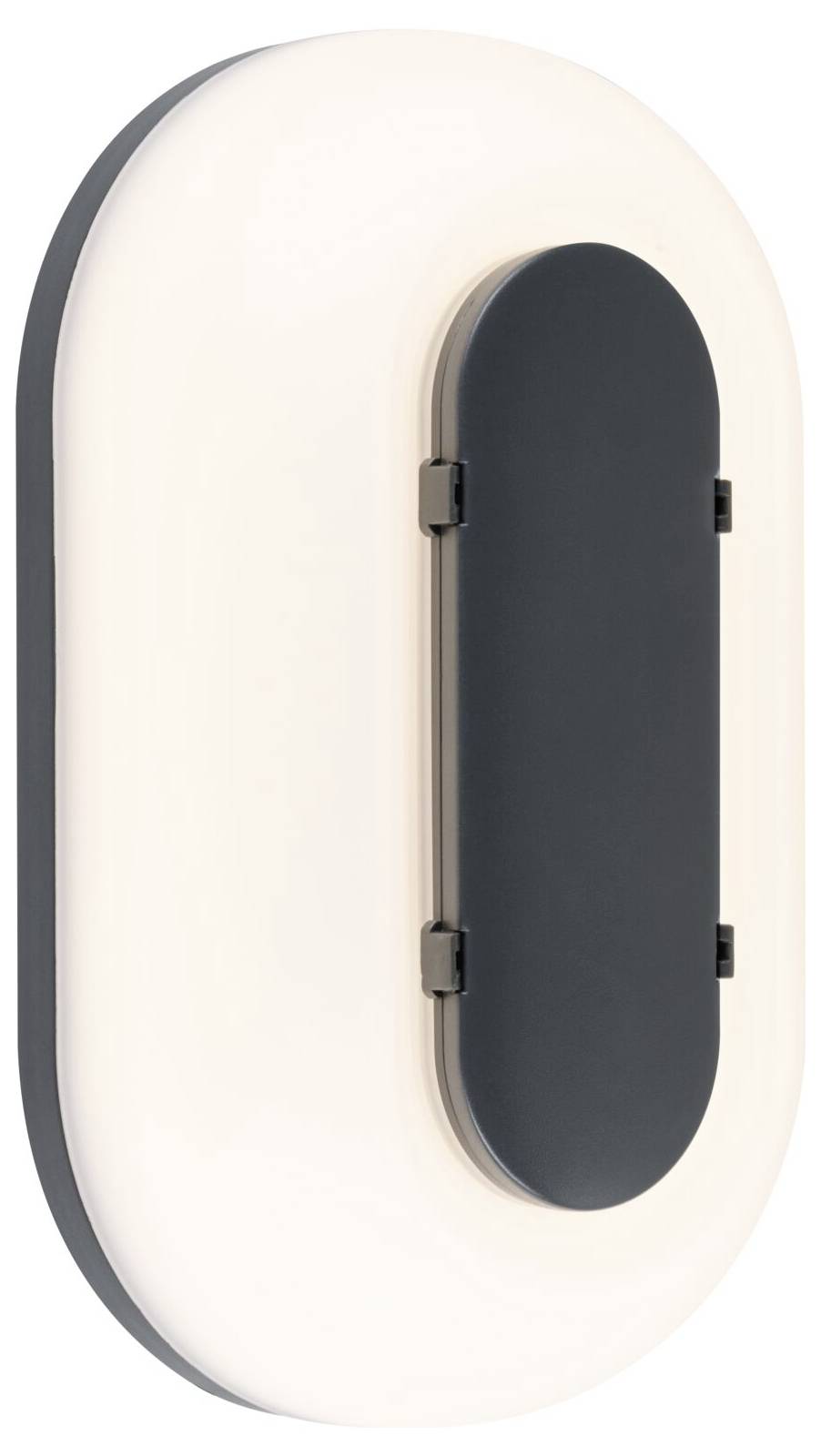 Moderne ovale Wandleuchte mit leuchtendem weißem Diffusor und dunklem vertikalem Mittelpanel, gezeigt auf einfachem Hintergrund.