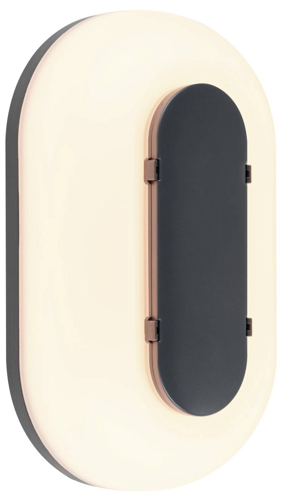 Ovale Wandleuchte mit cremefarbenem Diffusor und dunklem vertikalem Mittelpanel, vor weißem Hintergrund dargestellt.