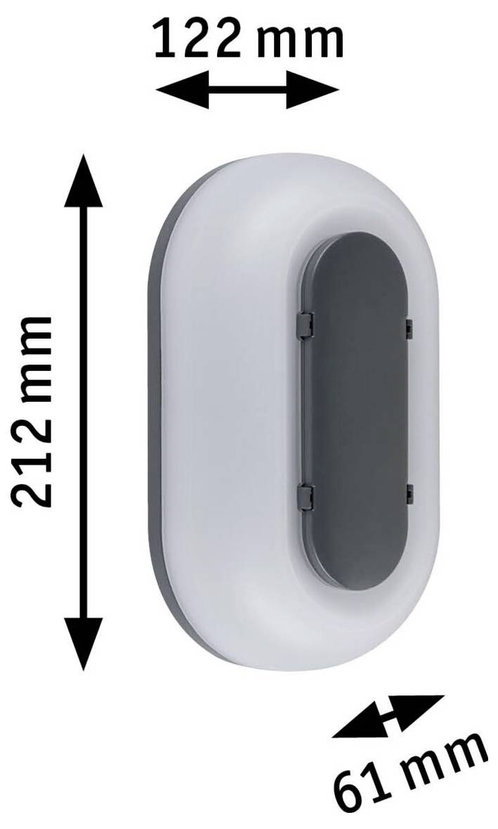 Ovale wandmontierte Leuchte mit beschrifteten Abmessungen: 212 mm Höhe, 122 mm Breite und 61 mm Tiefe.