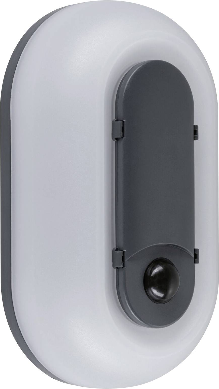Weißes, ovales, wandmontiertes Gerät mit dunkel eingelassenem Frontpanel und linsenähnlichem Sensor, wahrscheinlich ein Sicherheits- oder Bewegungsmelder.