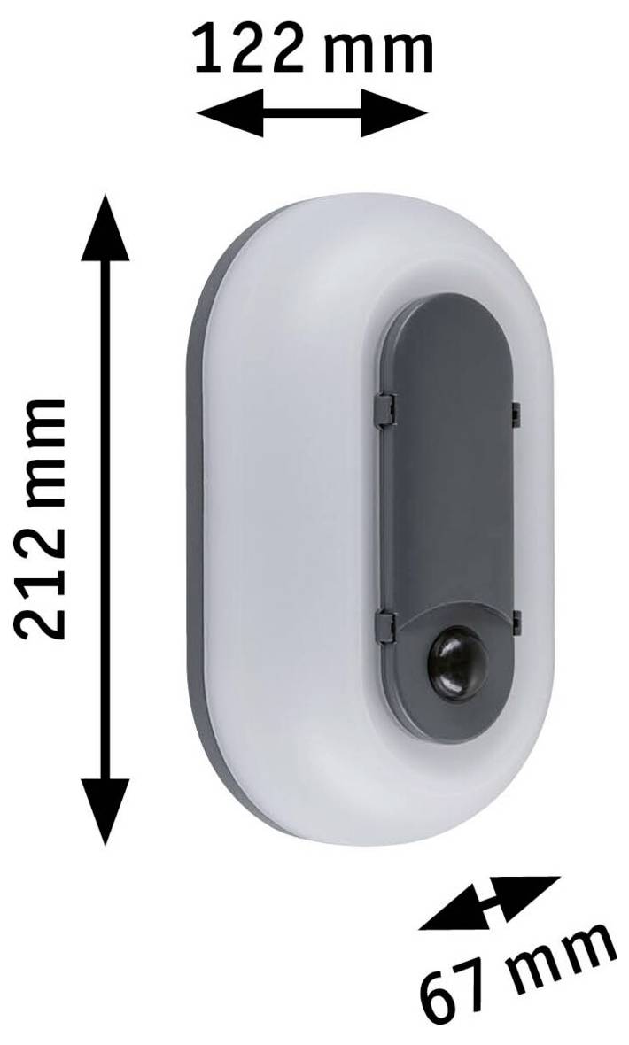 An der Wand montiertes ovales Gerät in Dreiviertelperspektive mit beschrifteten Abmessungen von 212 mm Höhe, 122 mm Breite und 61 mm Tiefe.