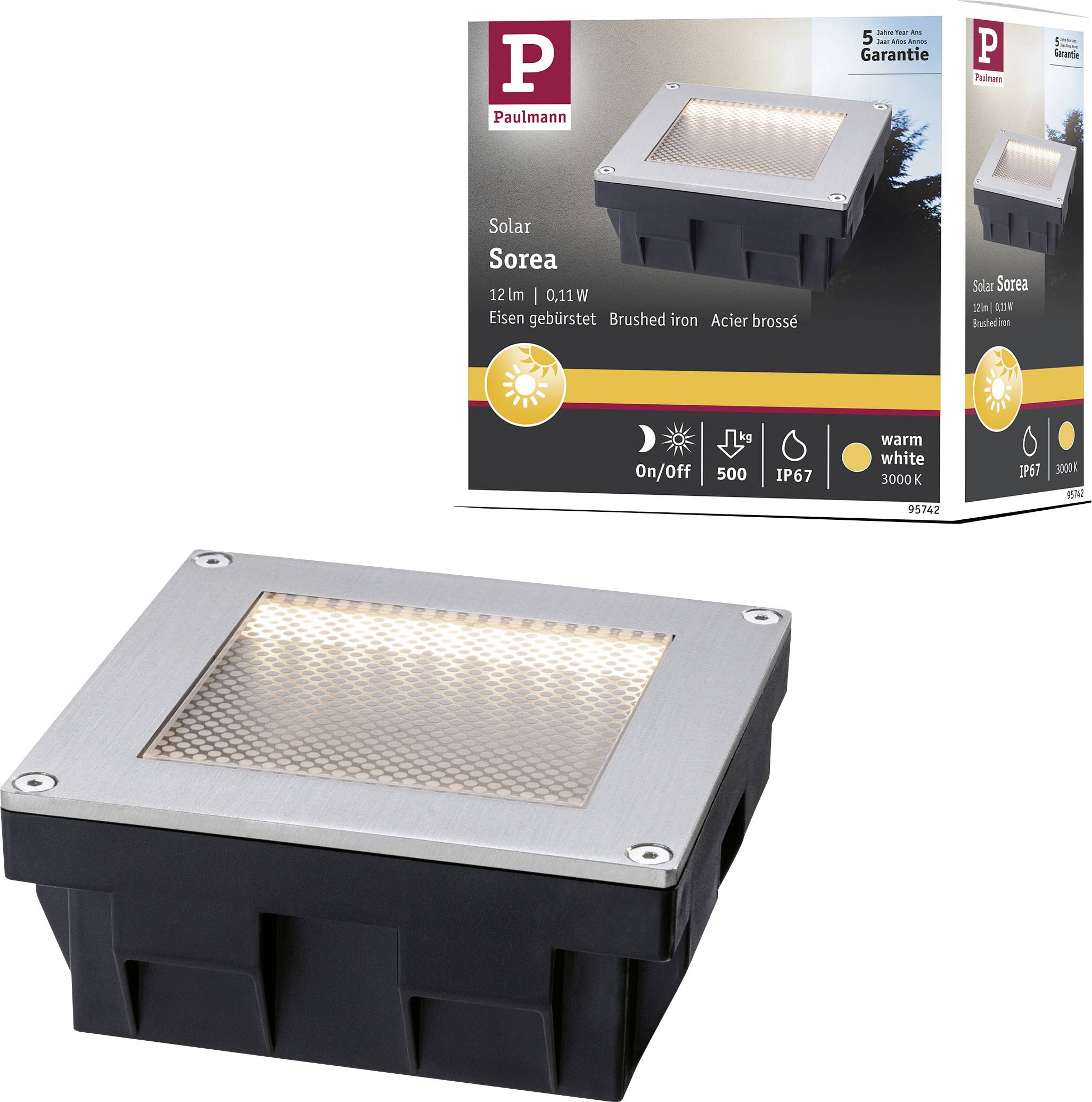 Produktfoto einer Paulmann Solar Sorea Außenleuchte, eine quadratische Einbaulampe aus gebürstetem Eisen mit integriertem Solarpanel, dargestellt mit ihrer Verpackung.