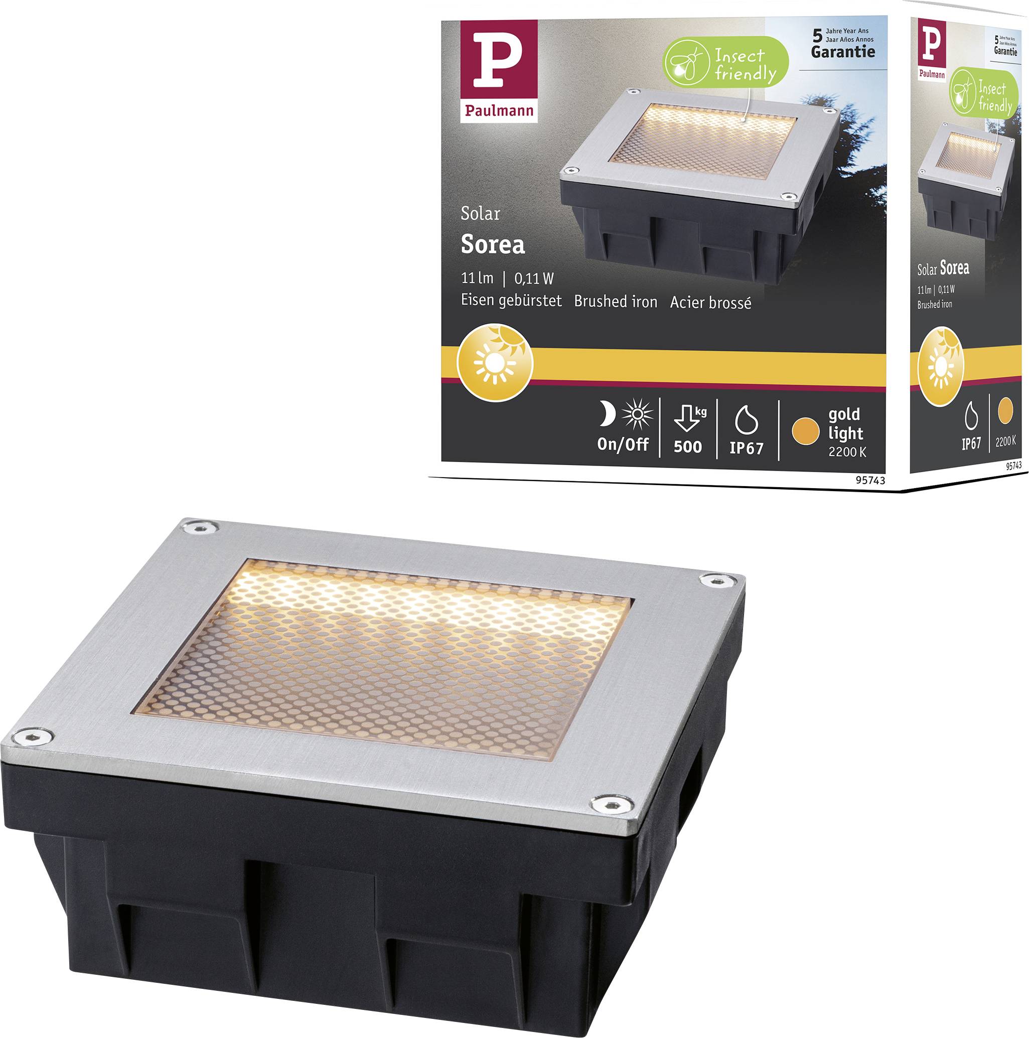 Solar-betriebenes Paulmann Sorea Außenlicht mit gebürsteter Eisenfinish und insektenfreundlichem Design, gezeigt mit Produktverpackung.