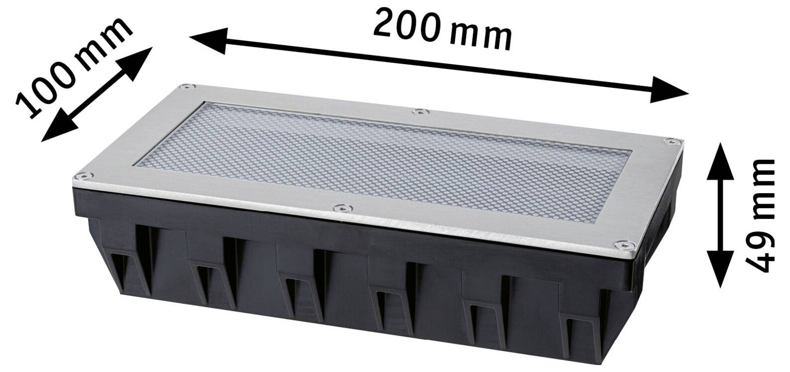 Rechteckige Einbauleuchte mit Metallgitteroberfläche; beschriftete Abmessungen zeigen 200 mm Länge, 100 mm Breite und 49 mm Höhe.
