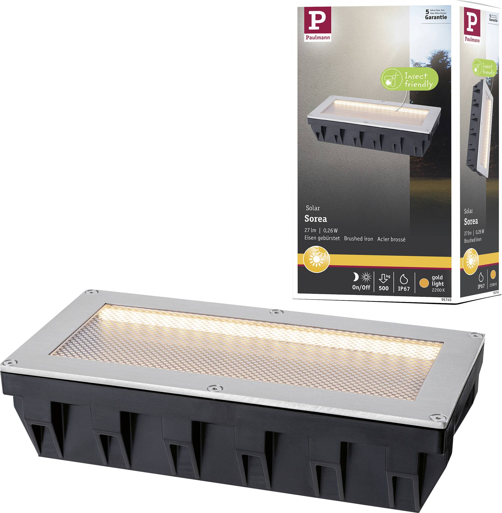 Produktfoto einer solarbetriebenen rechteckigen Wandleuchte mit gebürstetem Metalltop, leuchtender LED-Streifen und markierter Verpackung, die dahinter gezeigt wird.