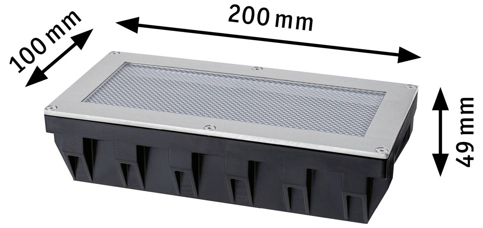 Rechteckige eingelassene Bodenleuchte mit Metallgitter, gekennzeichnet mit 200 mm Breite, 100 mm Tiefe und 49 mm Höhe.