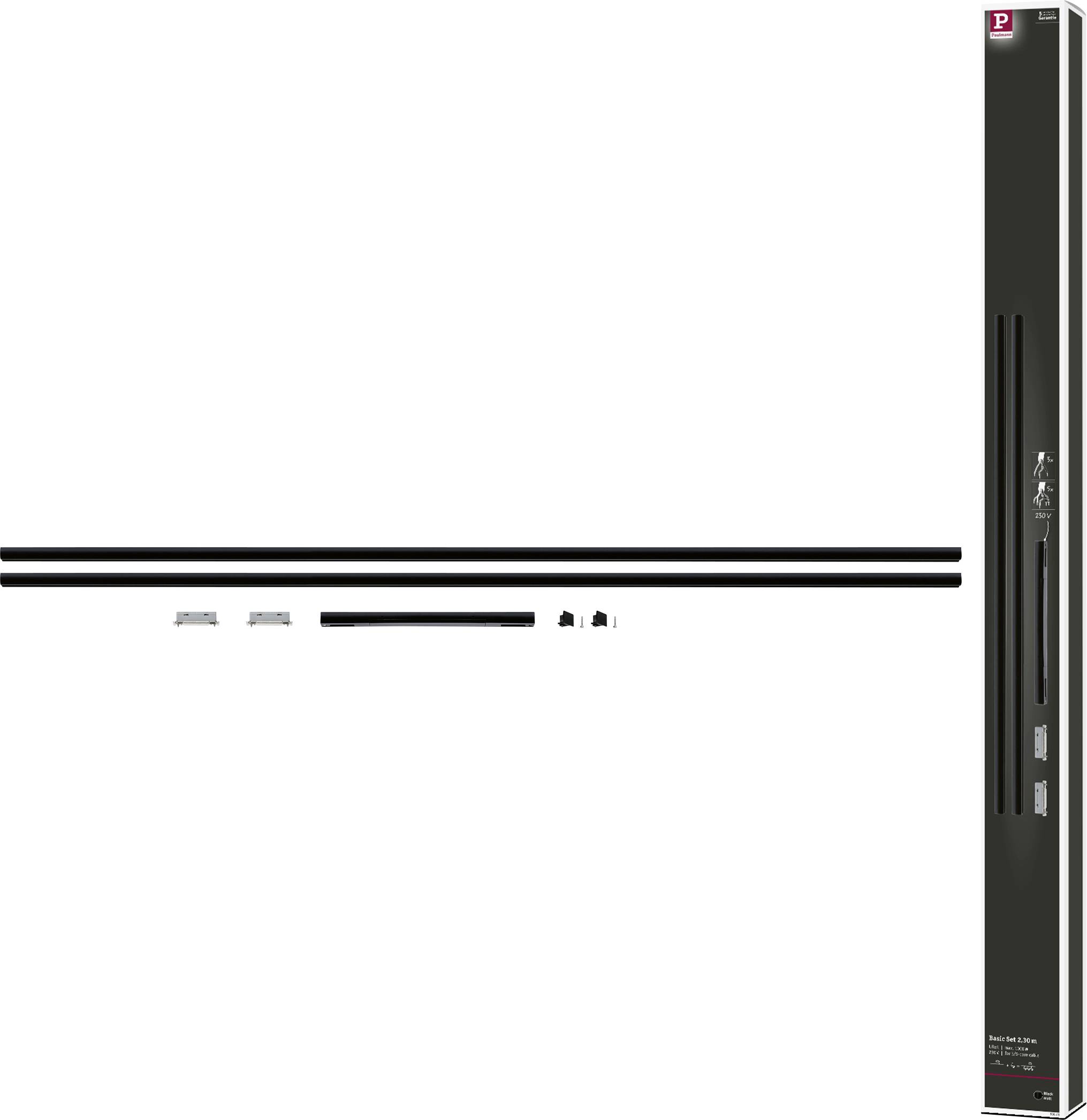 Schwarzes wandmontiertes Stangenbefestigungsset mit zwei langen horizontalen Schienen und einem vertikalen Befestigungspfosten, plus kleine Hardwareteile auf weißem Hintergrund.