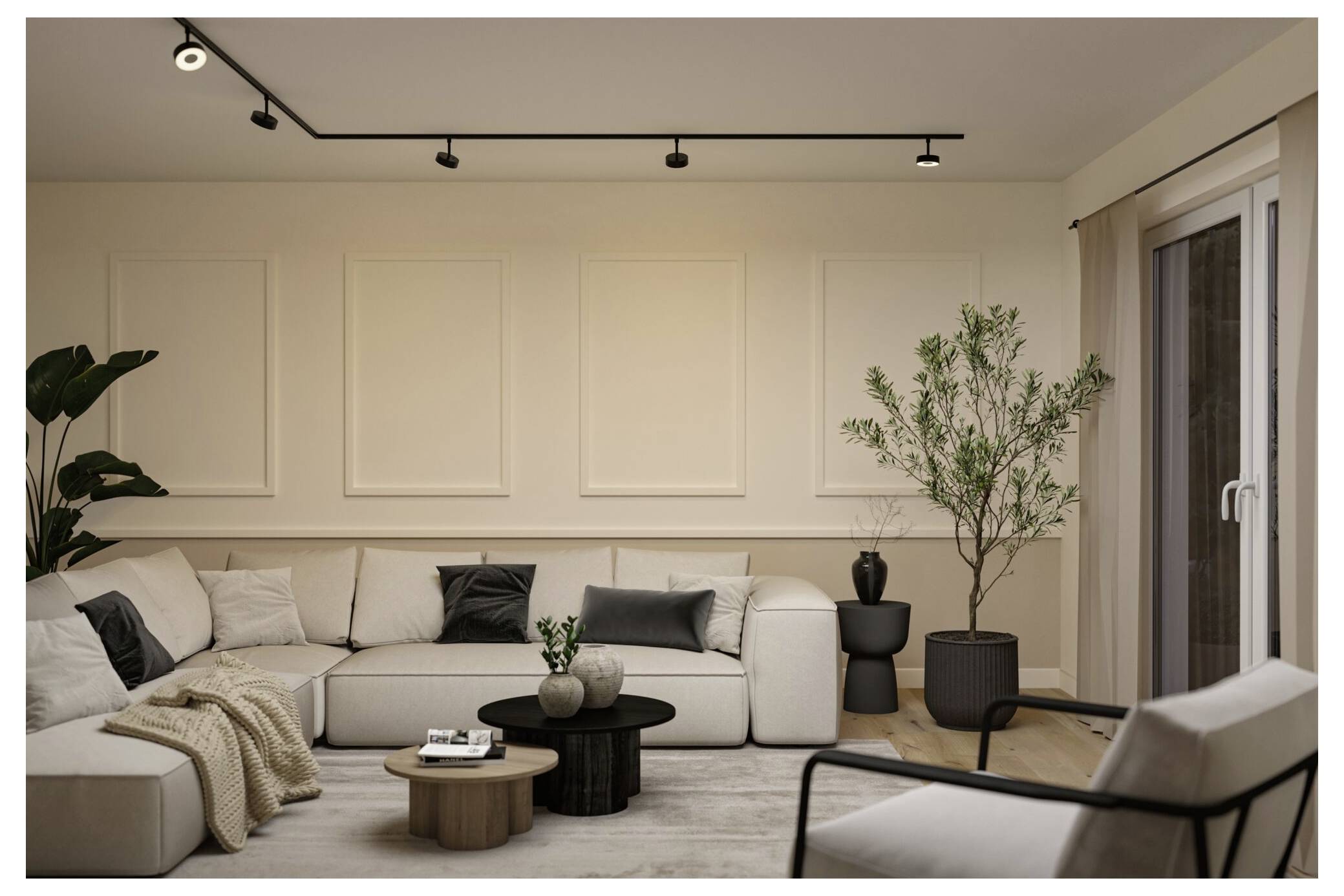 Modernes Wohnzimmer mit beigem Ecksofa, runden Couchtischen, Topfpflanzen, Schienensystem-Beleuchtung und Schiebeglatstüren.