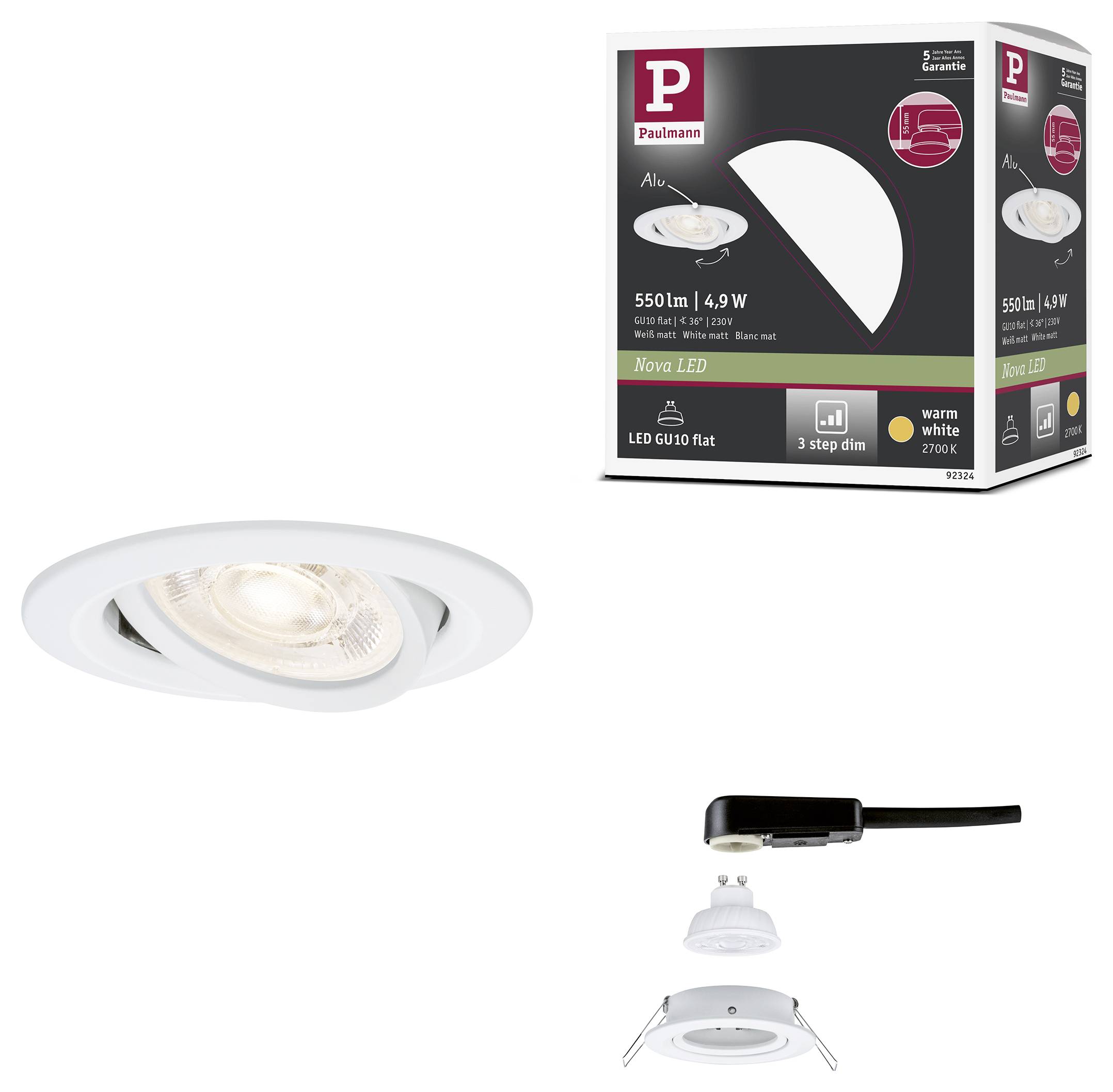 Produktbild zeigt eine weiße, eingebaute LED-Einbauleuchte, ihre Verpackung und Installationsteile: Fassung, Federclips und Leuchtenblende.