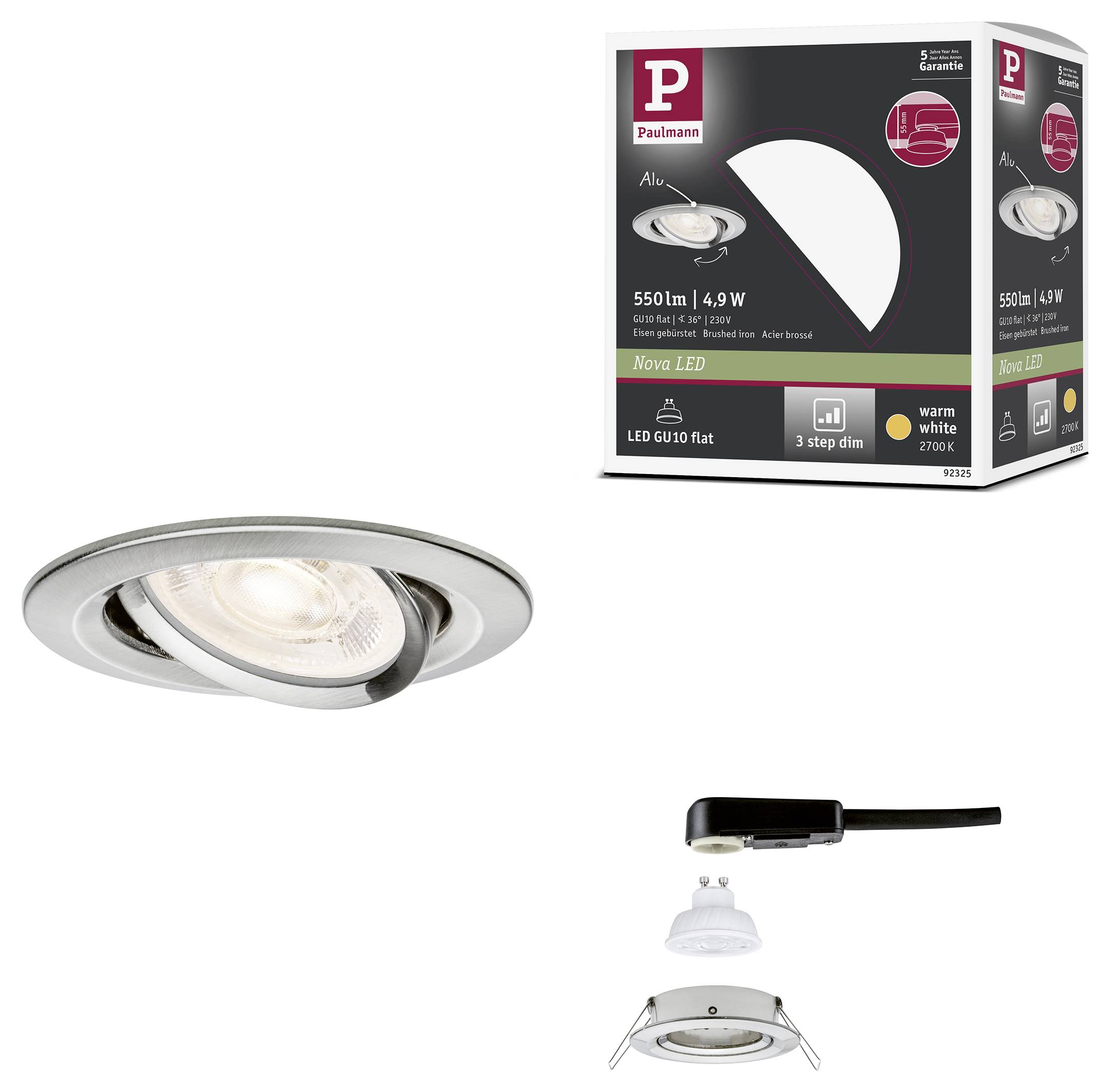 Produktbild einer dimmbaren Paulmann Nova LED GU10 flachen Einbauleuchte für die Decke, mit der Glühbirne und dem Karton gezeigt, plus Teile für die Installation.