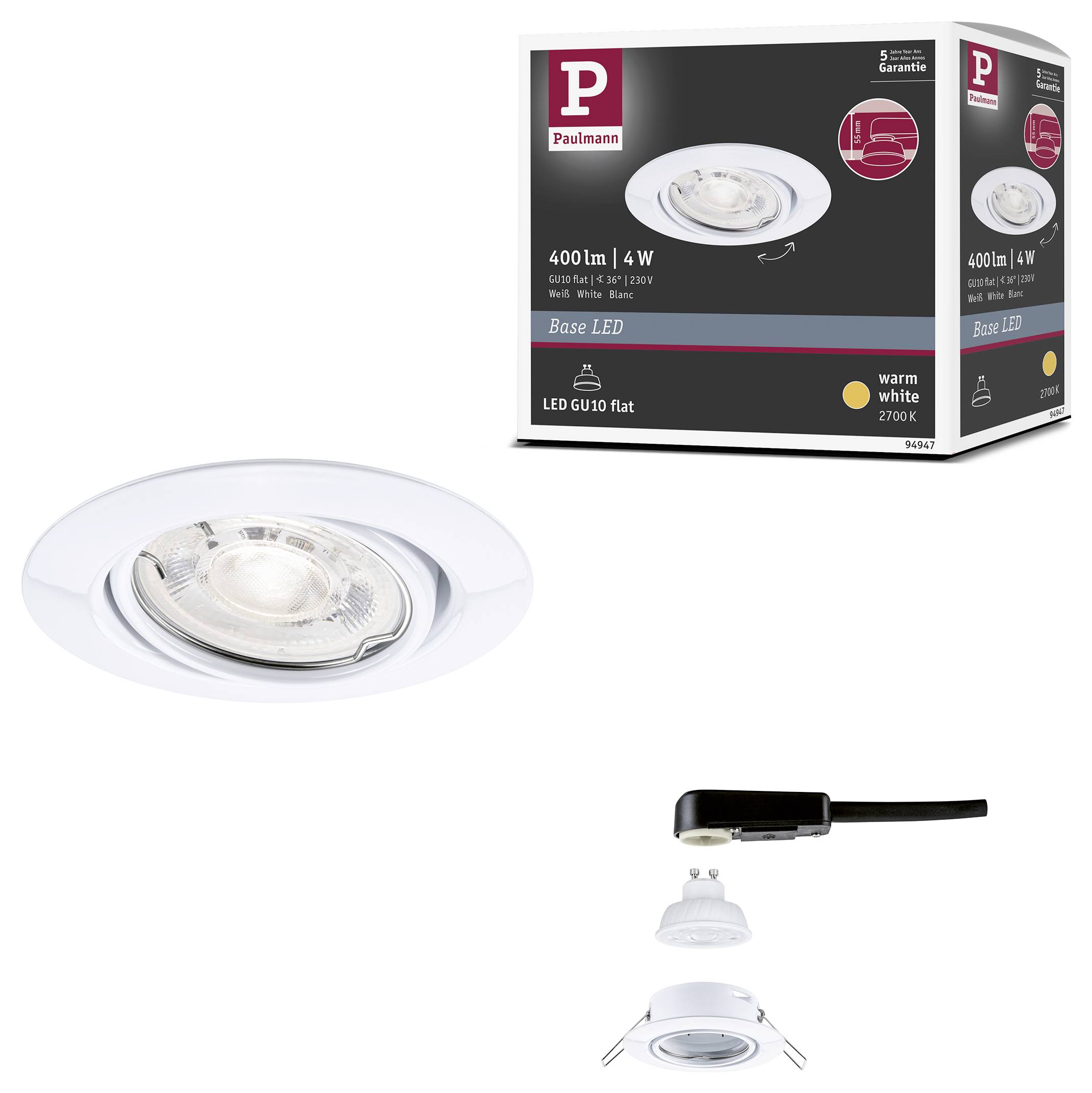 Produktbild einer Paulmann-Basis-LED-Einbauleuchte, das die weiße runde Leuchte, ihre Verpackung und Installationsteile zeigt.