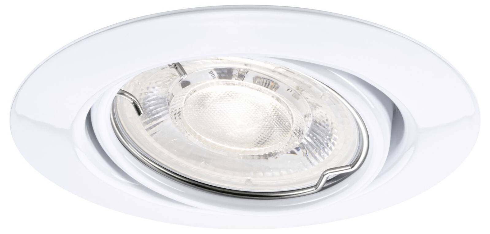 Eingebauter Deckenspot mit transparentem Glasrahmen und reflektierendem silbernem Innenring.