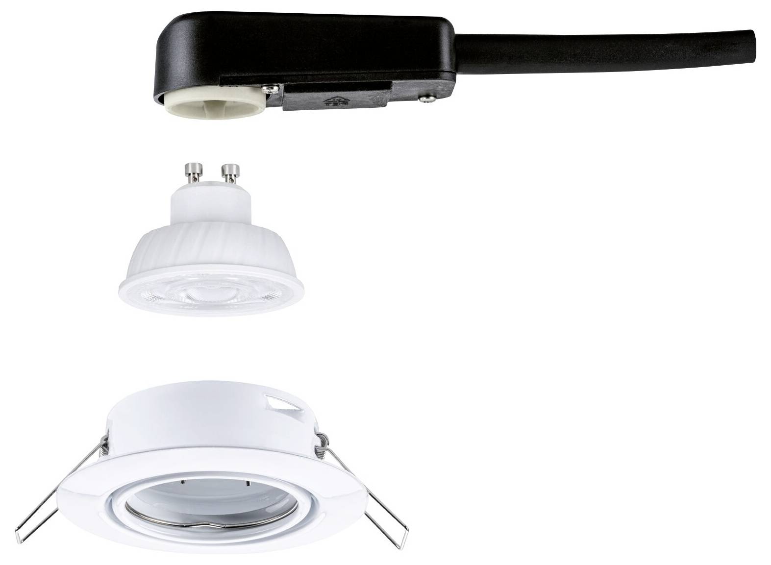 Drei Downlight-Leuchten auf weißem Hintergrund, bestehend aus einer schwarzen Schienenstrahler und zwei weißen Einbaustrahler-Blendenstylen.