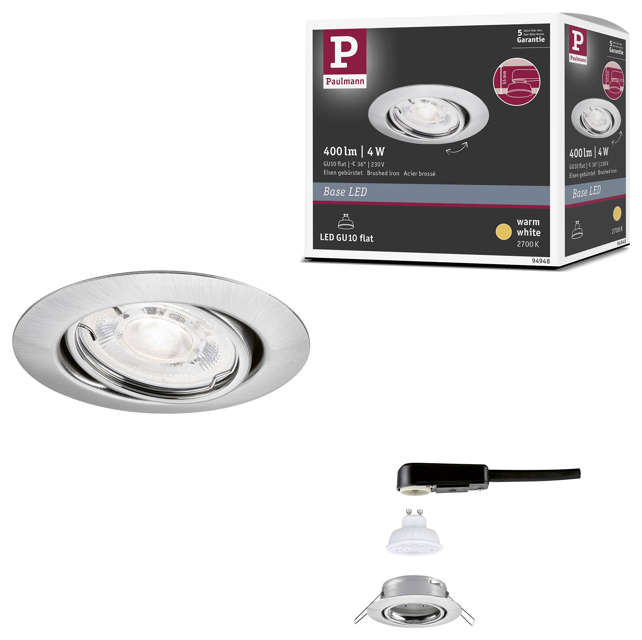 Produktfoto eines Paulmann Einbau-LED-Spotlicht-Sets mit einer gebürstetem Stahl-Downlight, Verpackung und Installationskomponenten.