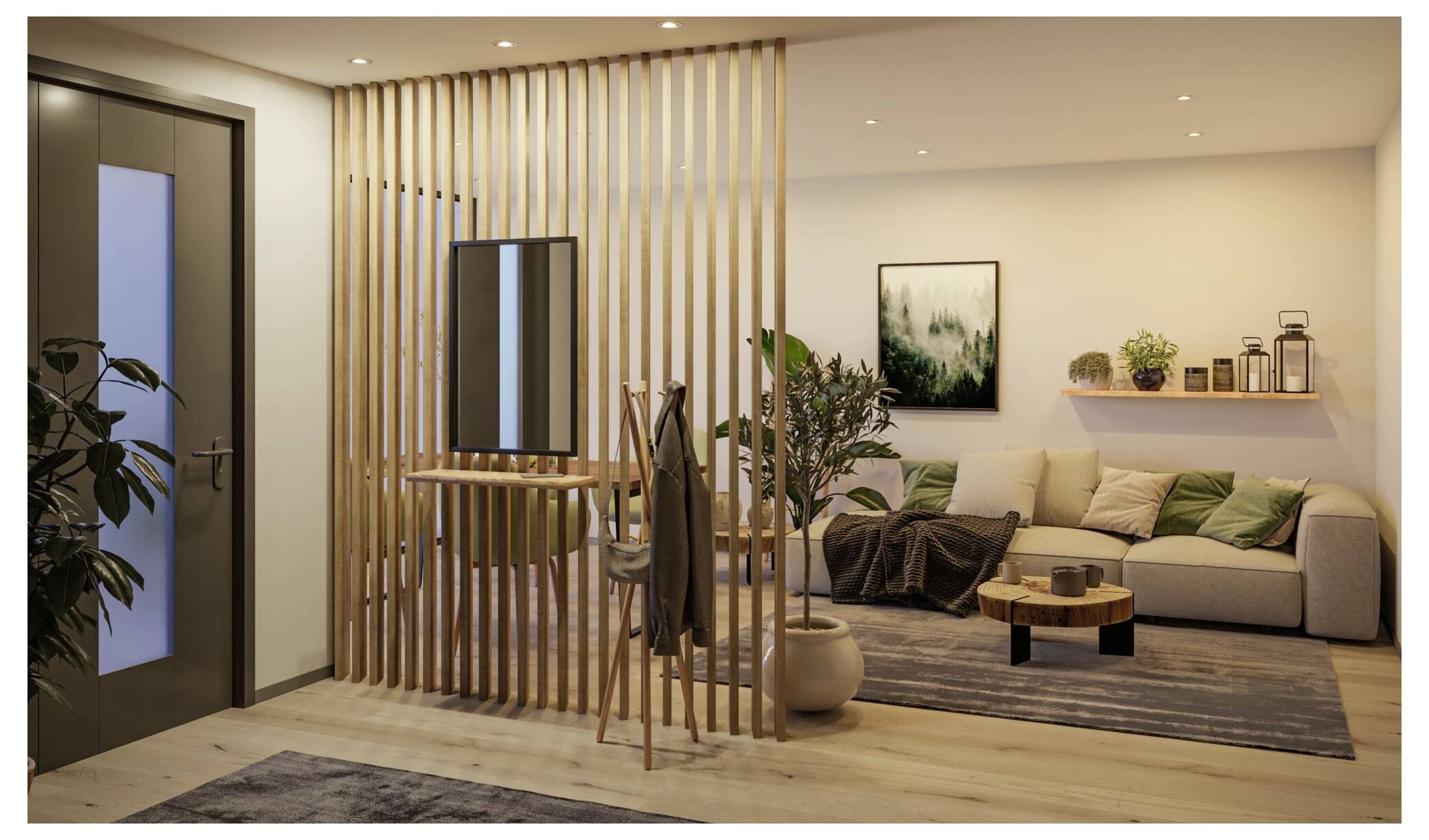 Modernes Wohnzimmer mit einer Holzlamellentrennung, kleinem Schminkspiegel, beigem Sofa, Pflanzen, Wandkunst und einem niedrigen Couchtisch auf einem Teppich.