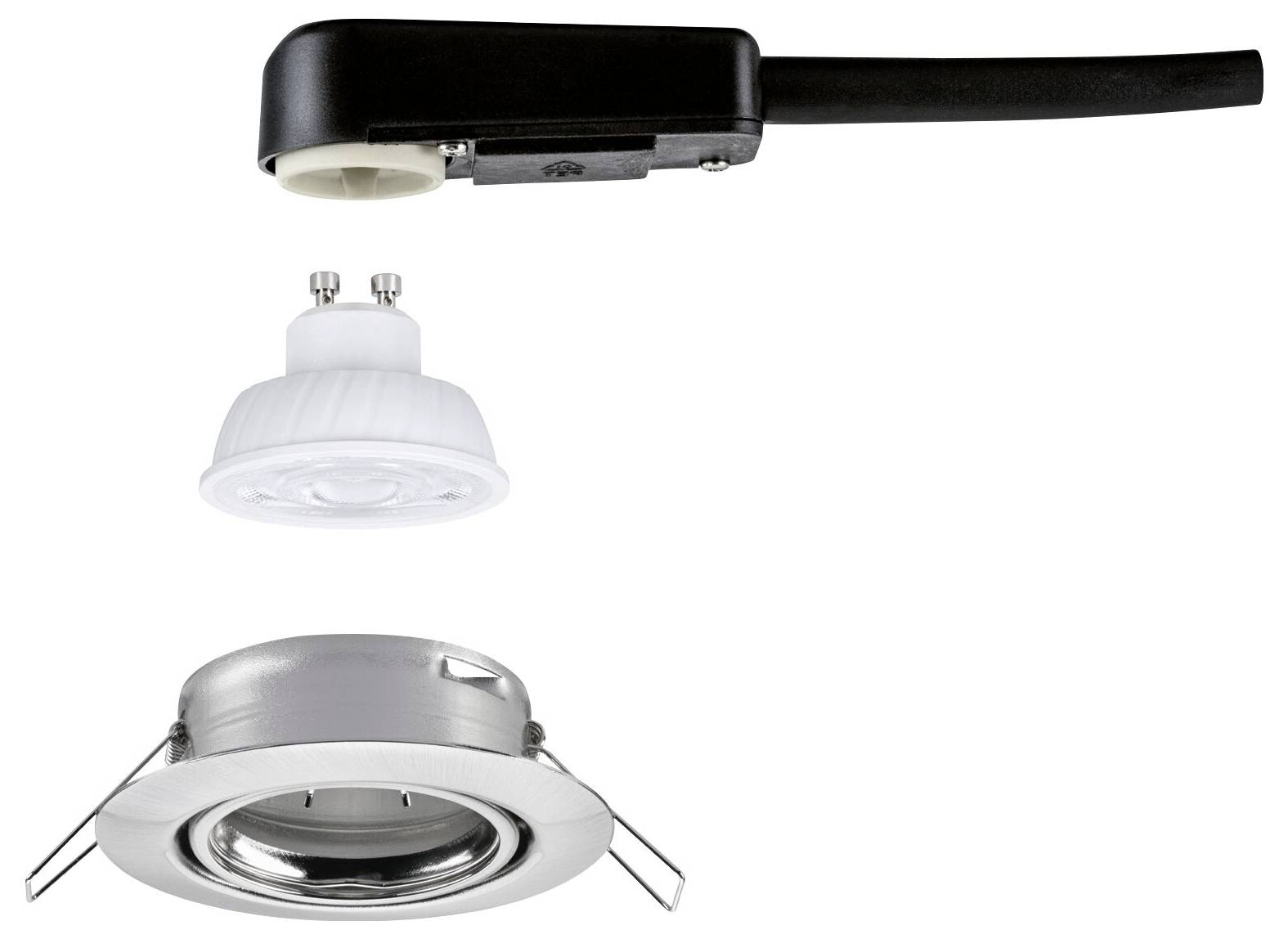 Drei Teile eines Einbauleuchten-Sets: schwarzes Gehäuse, weißer Glühjadapter und silberner Downlight-Zierring.