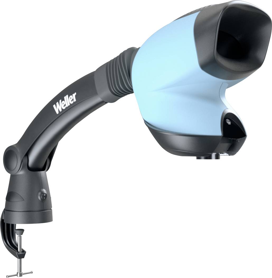 Weller-Marken-Rauchar­beiter in Blau und Schwarz mit verstellbarem Arm und Düse, isoliert auf weißem Hintergrund dargestellt.