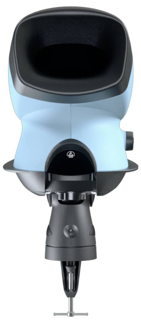Frontansicht einer blau-schwarzen robotischen Massagestuhl-Aufsatz mit T-förmiger Fußstütze und zentraler Steueröffnung.
