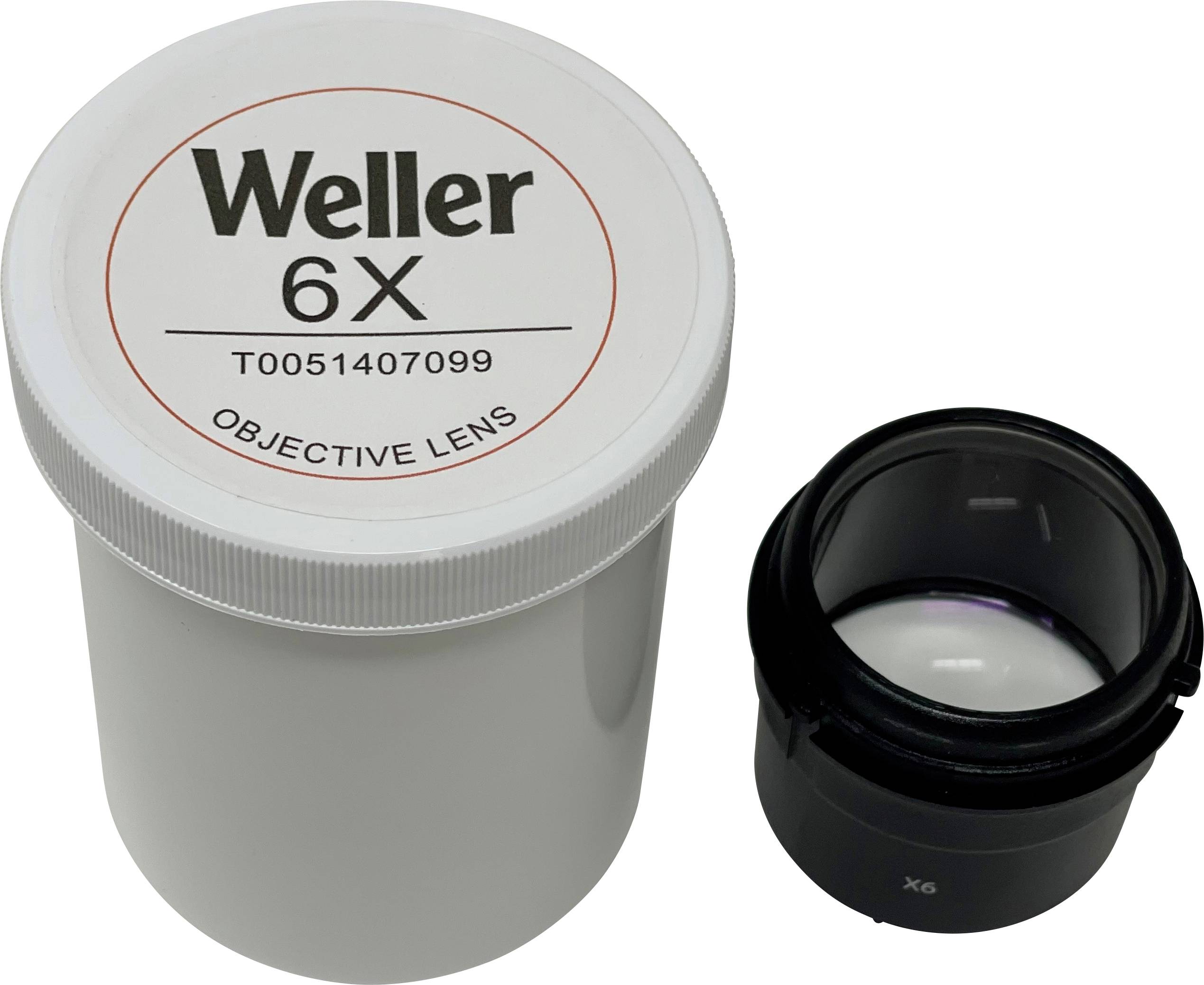 Weller 6X Objektivlinse in einem gekennzeichneten Behälter, mit der Linse neben dem Behälter gezeigt.