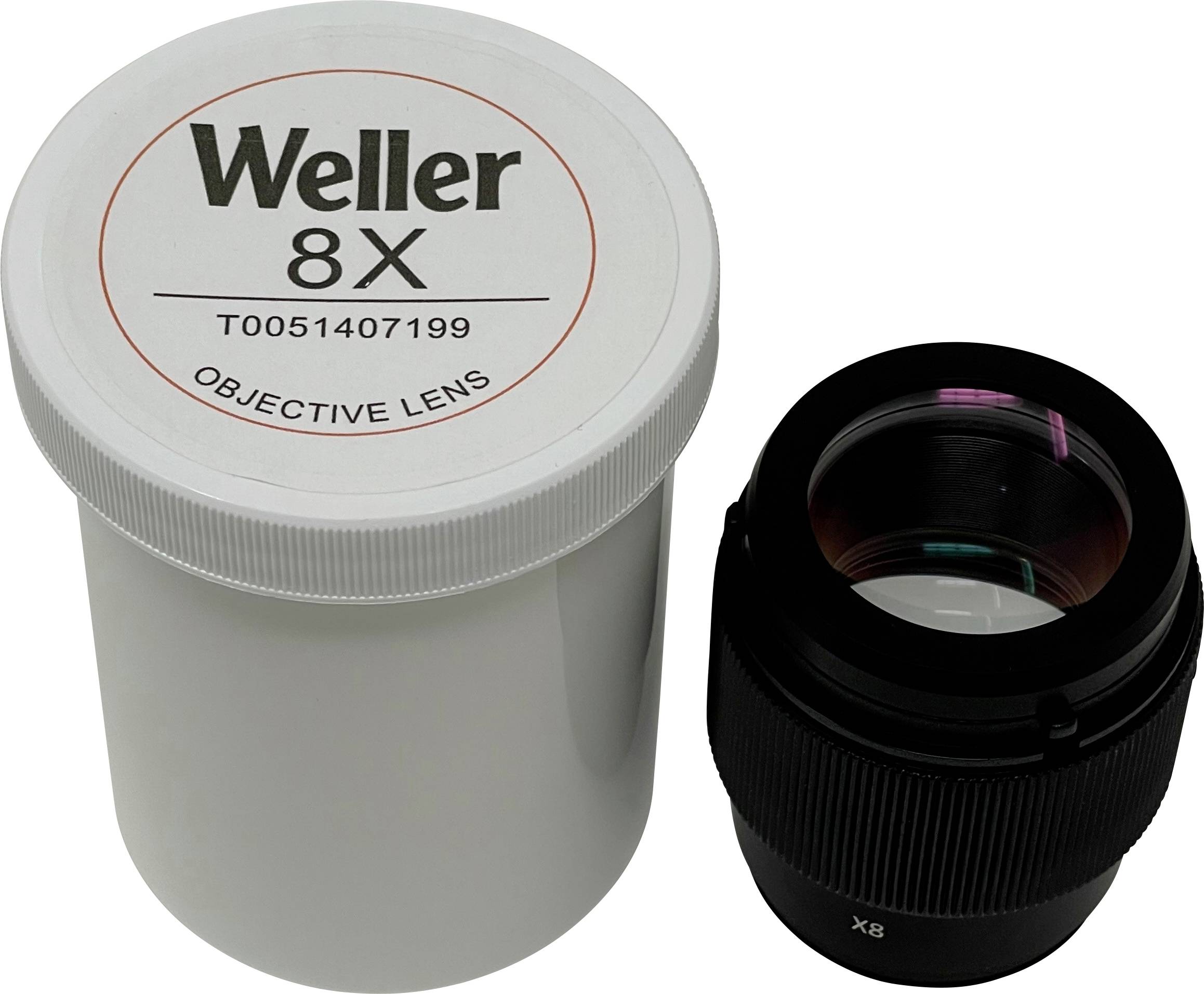 Weller 8X Objektivlinse in einem weißen Lagerbehälter neben einer schwarzen Linse mit Kappe, bezeichnet mit „T0051407199